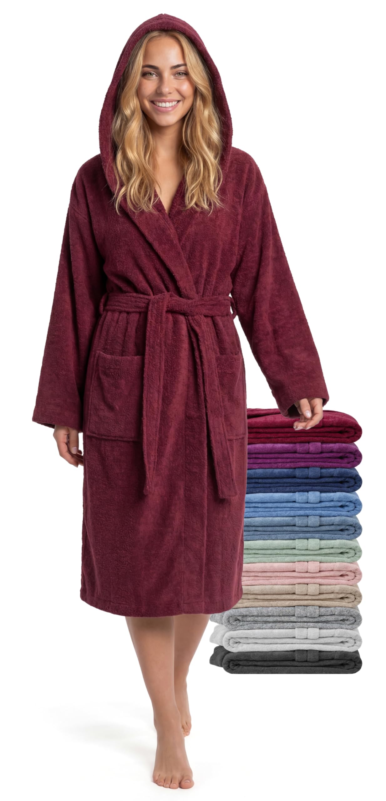 jazzylab Women’s Mid-Length Bathrobe with Hood, 100% Cotton Terry 380 gsm, Burgundy, XXL