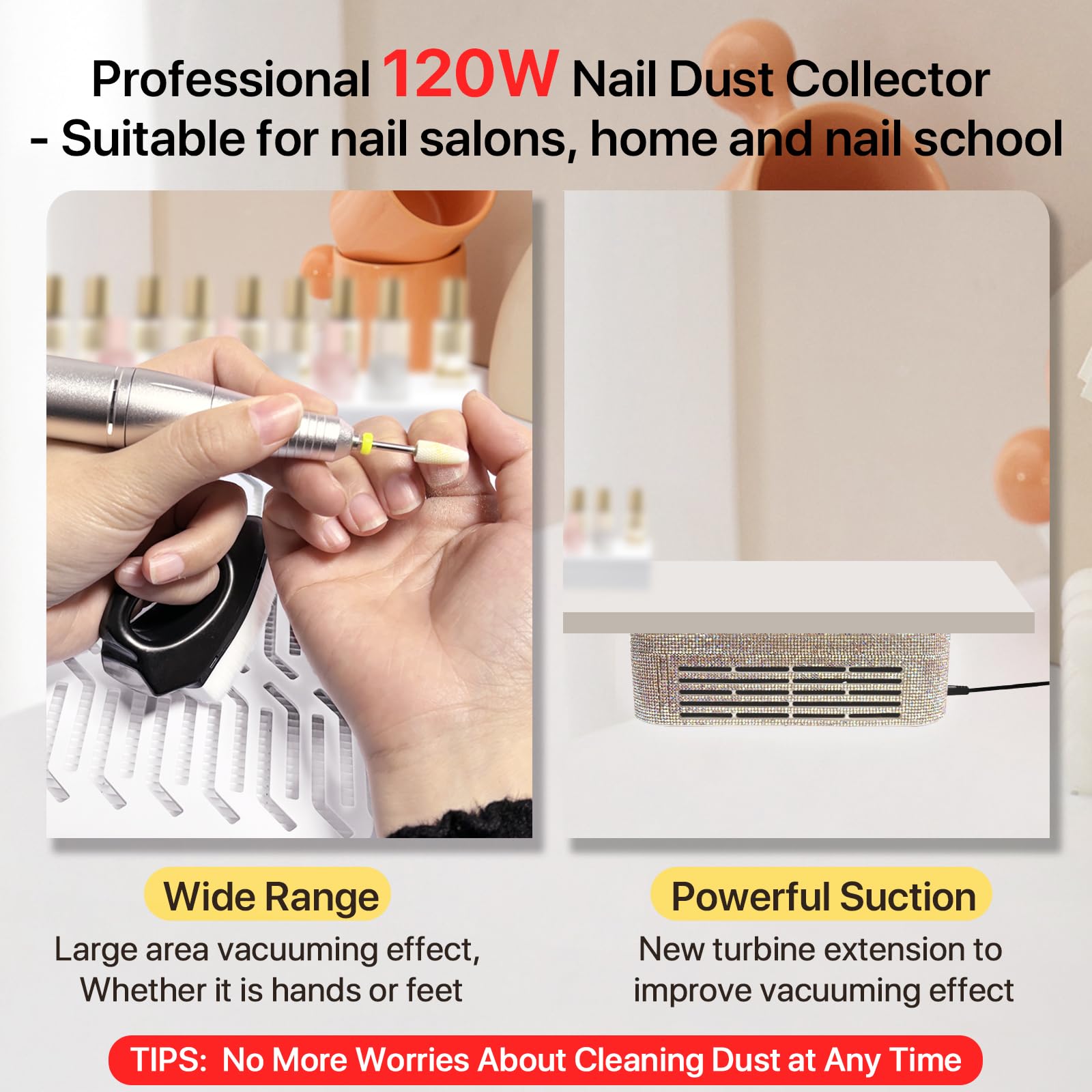 Colector de polvo de uñas, 120 W, colector de polvo de 3600 RPM, tecnología de colector de polvo de uñas, con filtros de polvo reutilizables y cepillo portátil para polvo de uñas y papel de filtro
