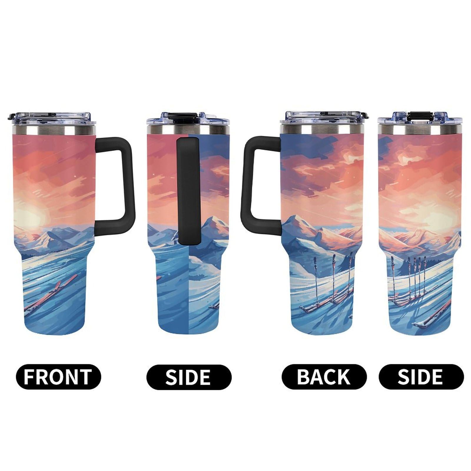 Isolierter Kaffeebecher, Ski-Board, bedruckter Strohhalmbecher mit Griff, Reisebecher, geeignet für Arbeit, Reisen, Zuhause und Auto