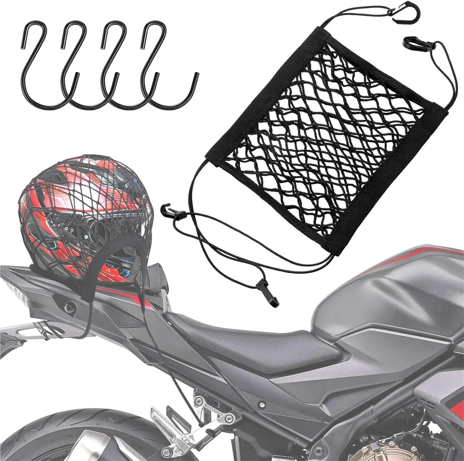 Półka na bagaż motocyklowy Pasuje do przechowywania kasku motocyklowego 10X11, elastyczna podwójna warstwa, siatka bungee, 4 haki, bagażnik na paski Uchwyt Topcase(5 pcs black)