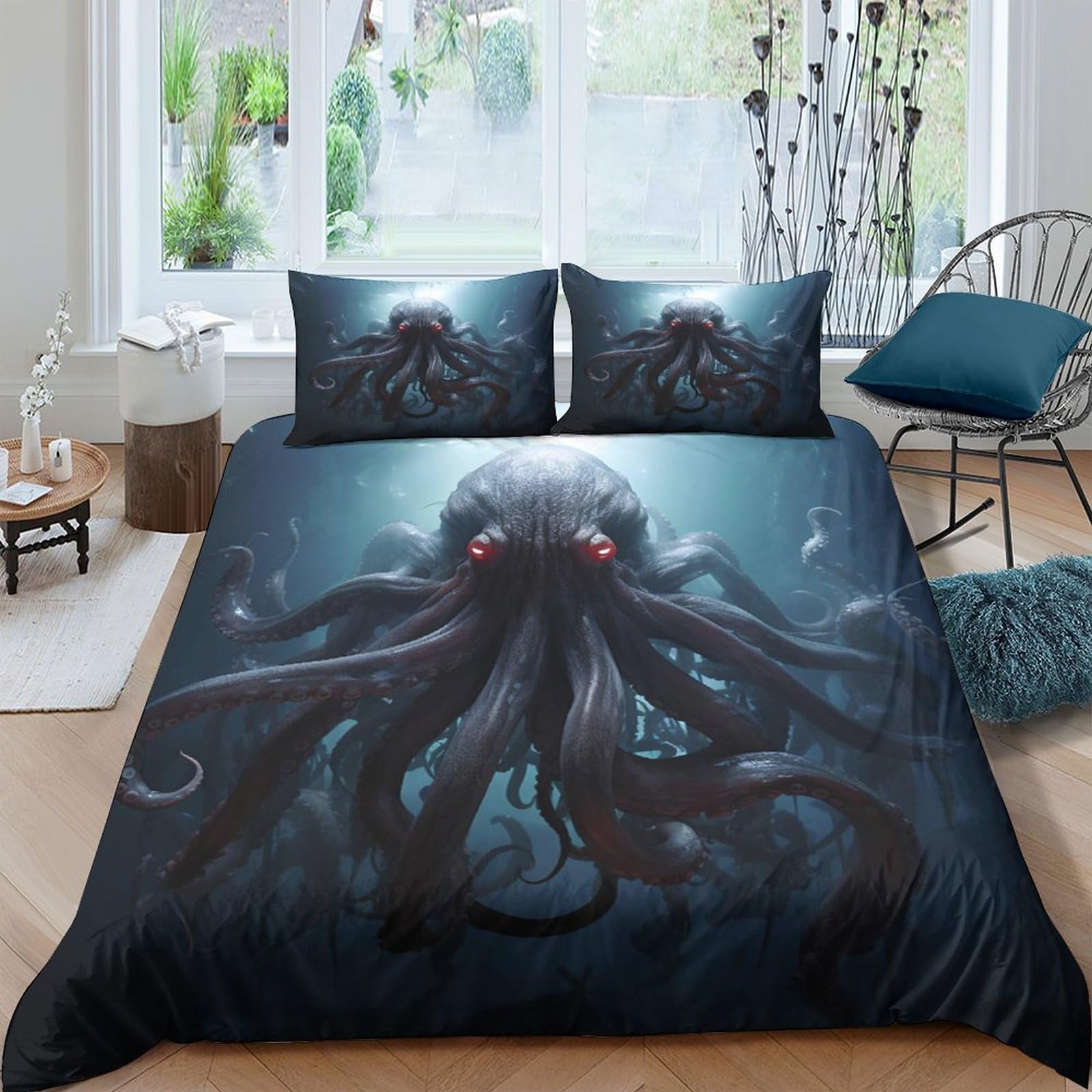 Ctjqhvkz Style-9 3D Printed Dark Ocean Octopus Fitted Sheet Microfiber Soft Deep Sea Creature Bed Cover Bedroom Decor Single（135X200cm）