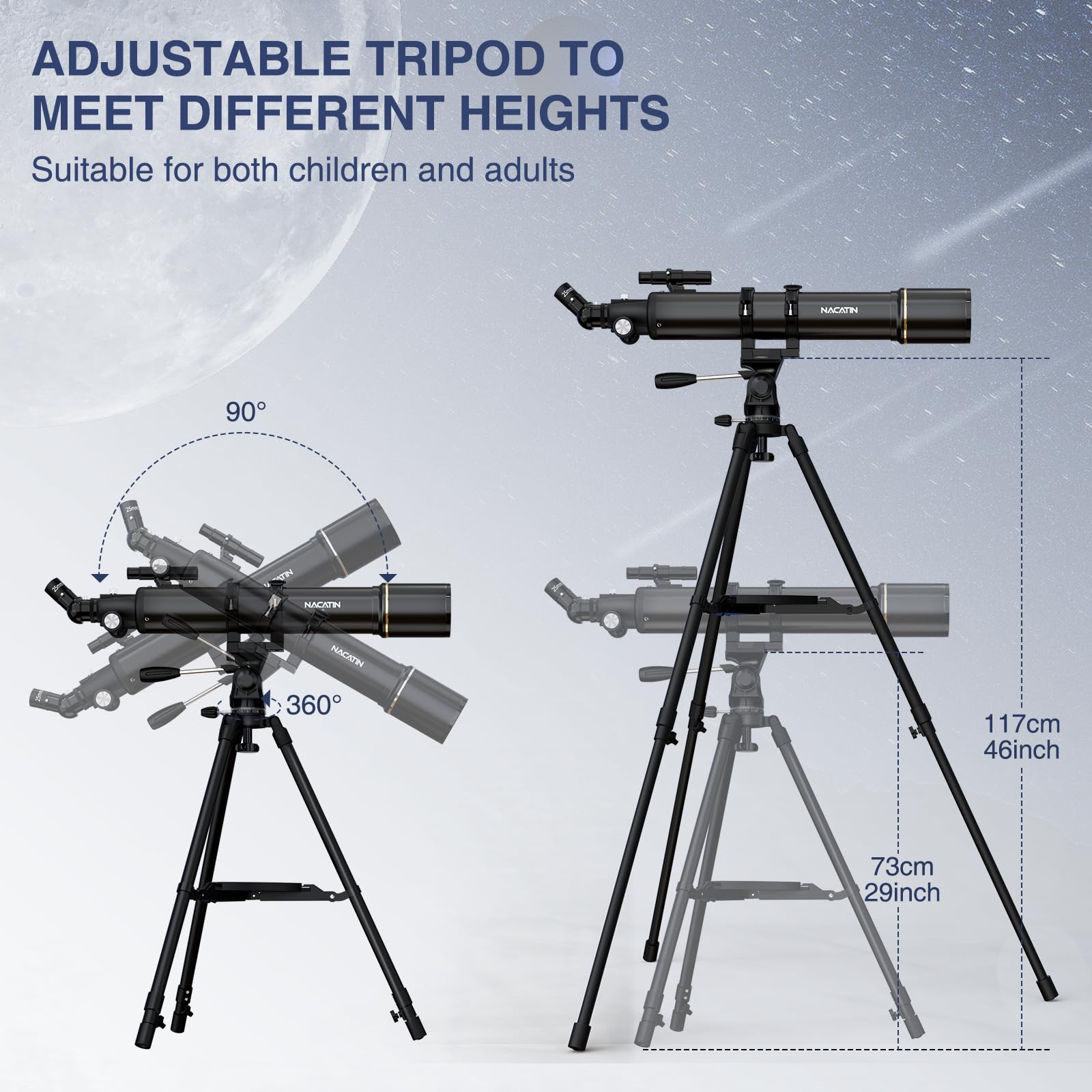 Teleskop astronomiczny dla dorosłych i początkujących – otwór 90 mm, refraktor 800 mm, z powiększeniem 32X-240X, stabilny żelazny statyw, adapter do smartfona i plecak – na księżyc, planety i gwiazdy