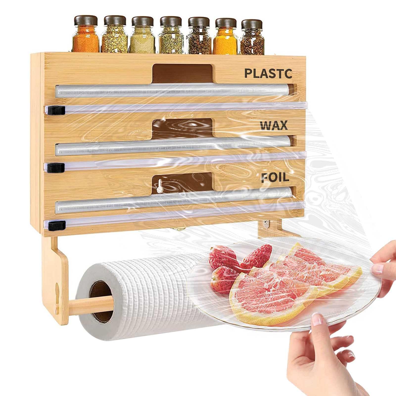 Distributeur et coupe-film 4 en 1, distributeur de pellicule plastique avec support pour essuie-tout, distributeur et coupe-papier pour papier d'aluminium, film étirable, papier sulfurisé, convient au