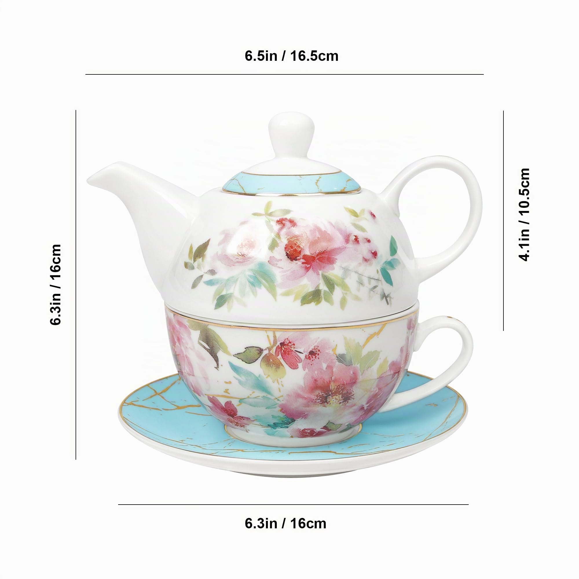 fanquare Juego de Té Floral Rosa para Uno, Juego de Taza y Plato de Té con Borde Dorado, Juego de Taza y Café de Porcelana para Regalo, Azul | Juego de té de porcelana azul para un regalo
