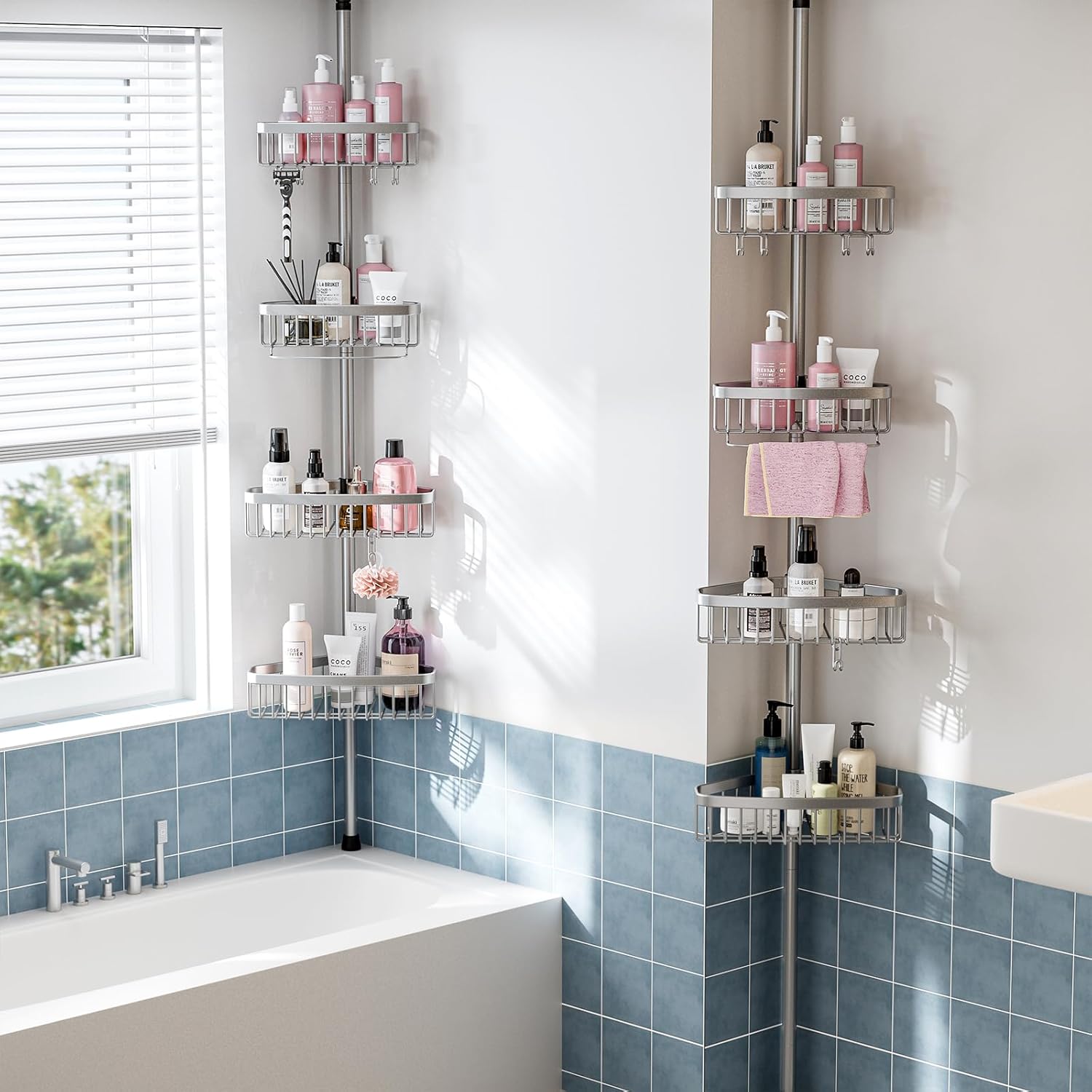 Corner Shower Caddy Tension Pole: 47-121 inch Adjustable Rustproof 4-Tier Bathroom Organizer for Shampoo Storage - Quick Installation Bathtub Shelves - Rod Floor Standing Inside Bath Rack
