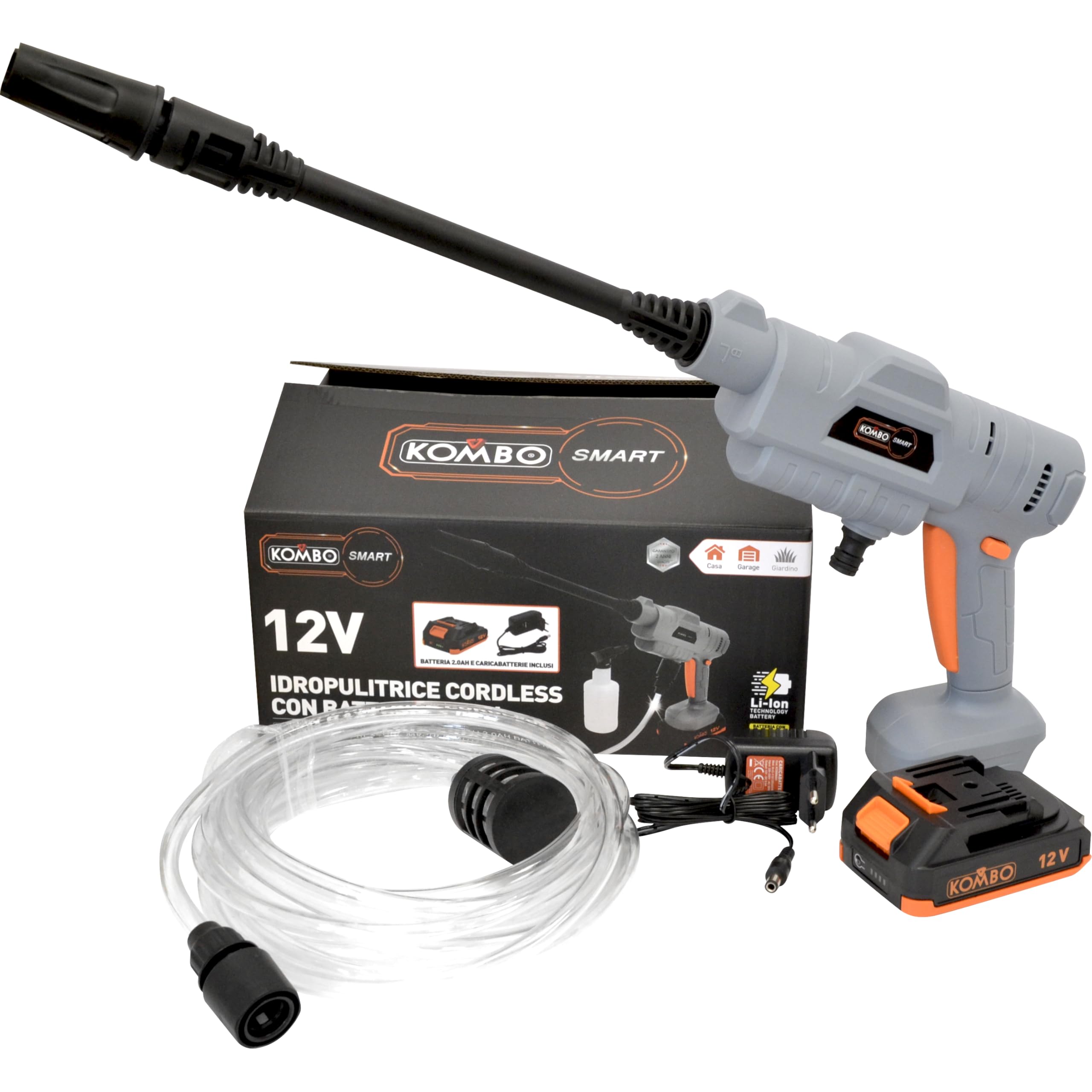 KOMBO Smart – Hidrolimpiadora de 12 V con batería 2.0 Ah, presión 24 bar, 3,3 l/min – Kit con lanza, manguera y accesorios – Para limpieza de terrazas, jardín y coche