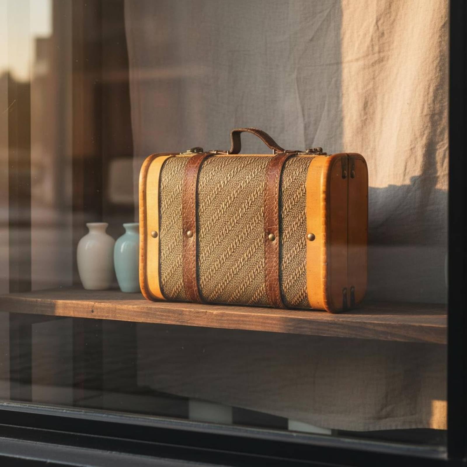 PEXORVA® Woven-Textured Wooden Storage Suitcase Leather-Like Trim