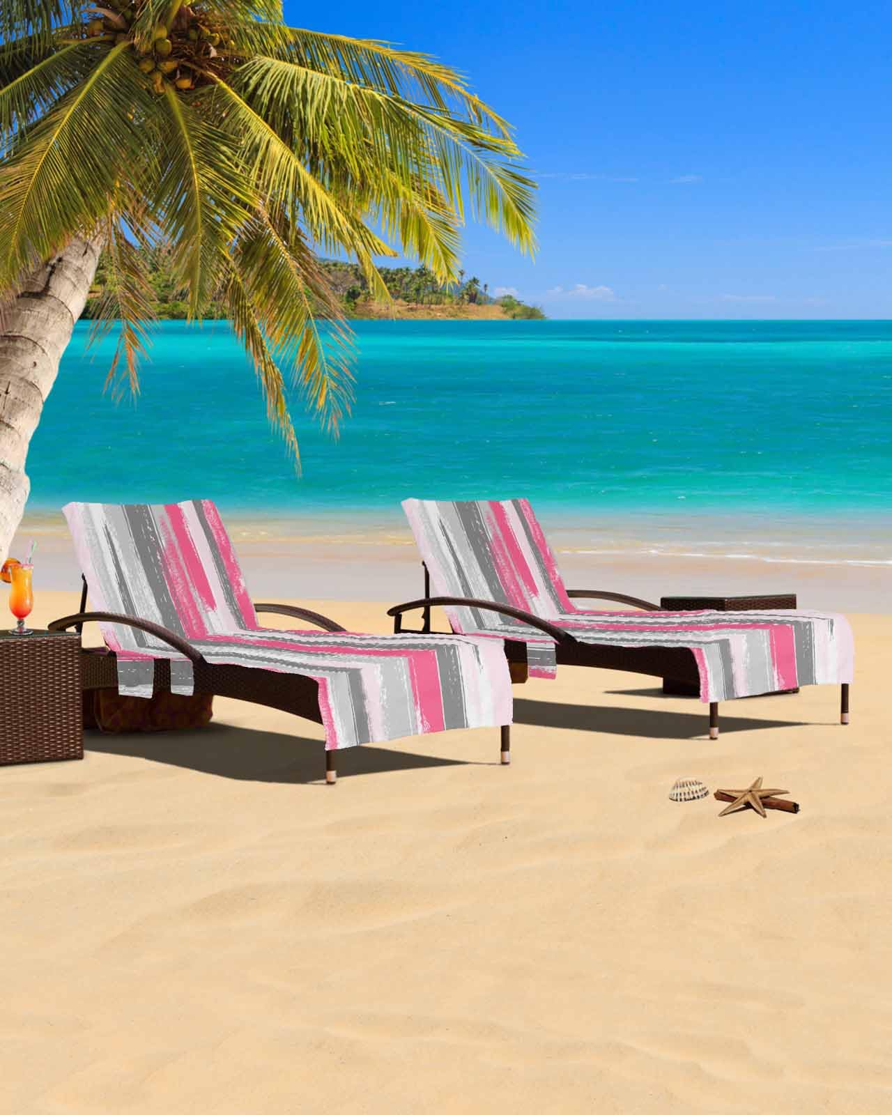 Abstract Pink Grey Beach Chair Cover with Side Pockets, Microfiber & Quick Dry Pool Chaise Lounge Chair Towels Covers for Sun Sunbathing Patio Garden Hotel, Modern Geometric Minimalist White