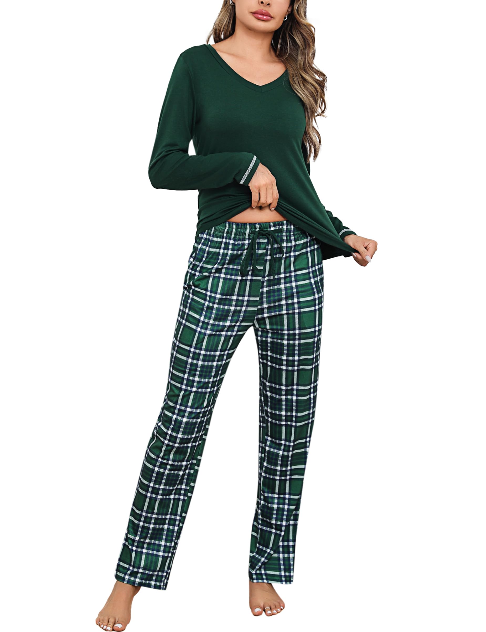 Litherday Pigiama Donna Invernale in Cotone Due Pezzi con Maglia a Manica Lunga e Pantaloni a Quadri Scollo a V Comodo per Casa Autunno Inverno S-XXL