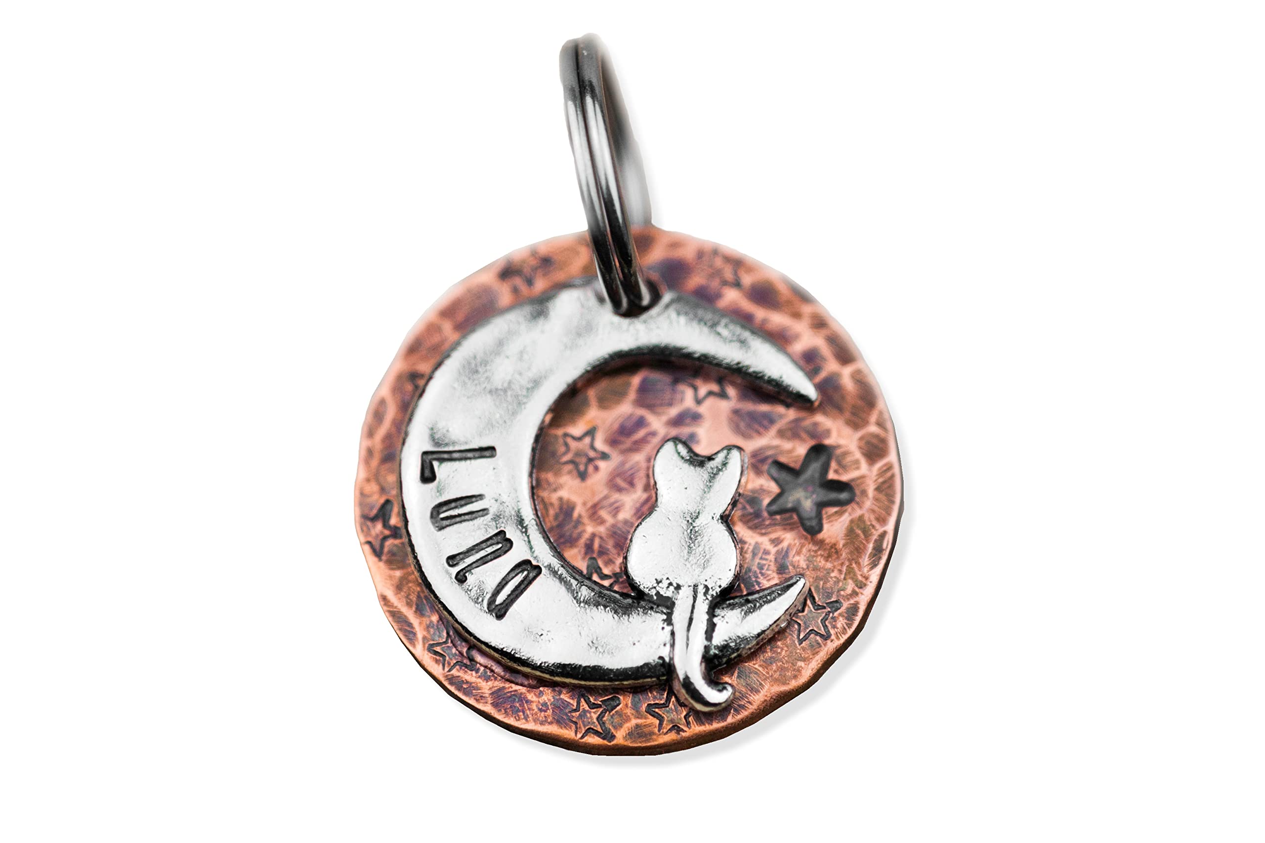Pugs2Persians Custom Cat Tag - Cat on the Moon (Silver-tone) - 7/8" Copper - Hand Stamped - Luna