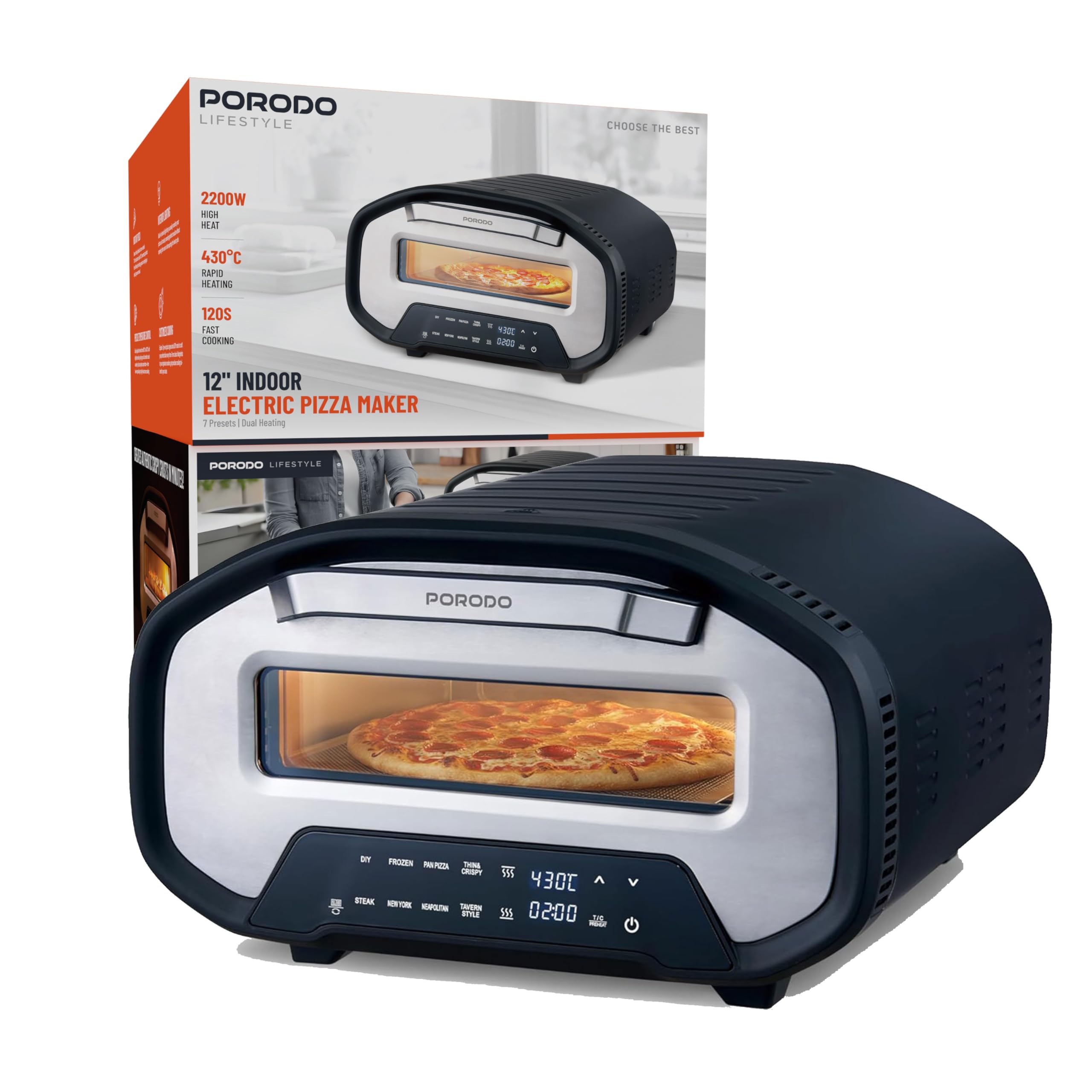 Porodo Pizza Oven Indoor, 12 Inch Electric Pizza Maker With Timer and 7 Presets, 220V 2200W, 80°-430°C Adjustable Temperature with 12" Included Stone, for Home Kitchen, Restaurants, Parties