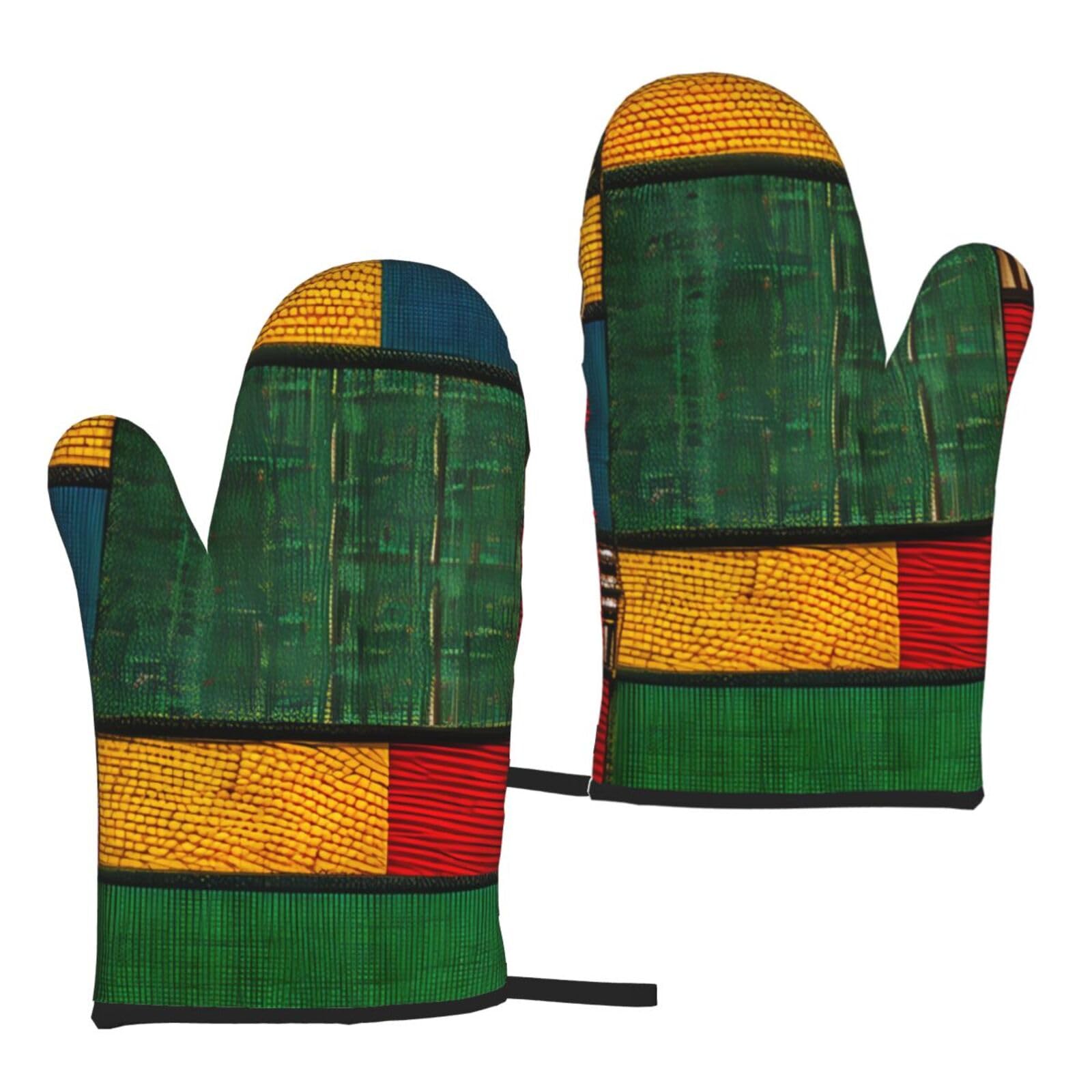 Nimongt Women's Black African Style Patchwork Print Adults Universal Fit Heat Resistant Oven Gloves Reusable Cooking Outdoor Grilling