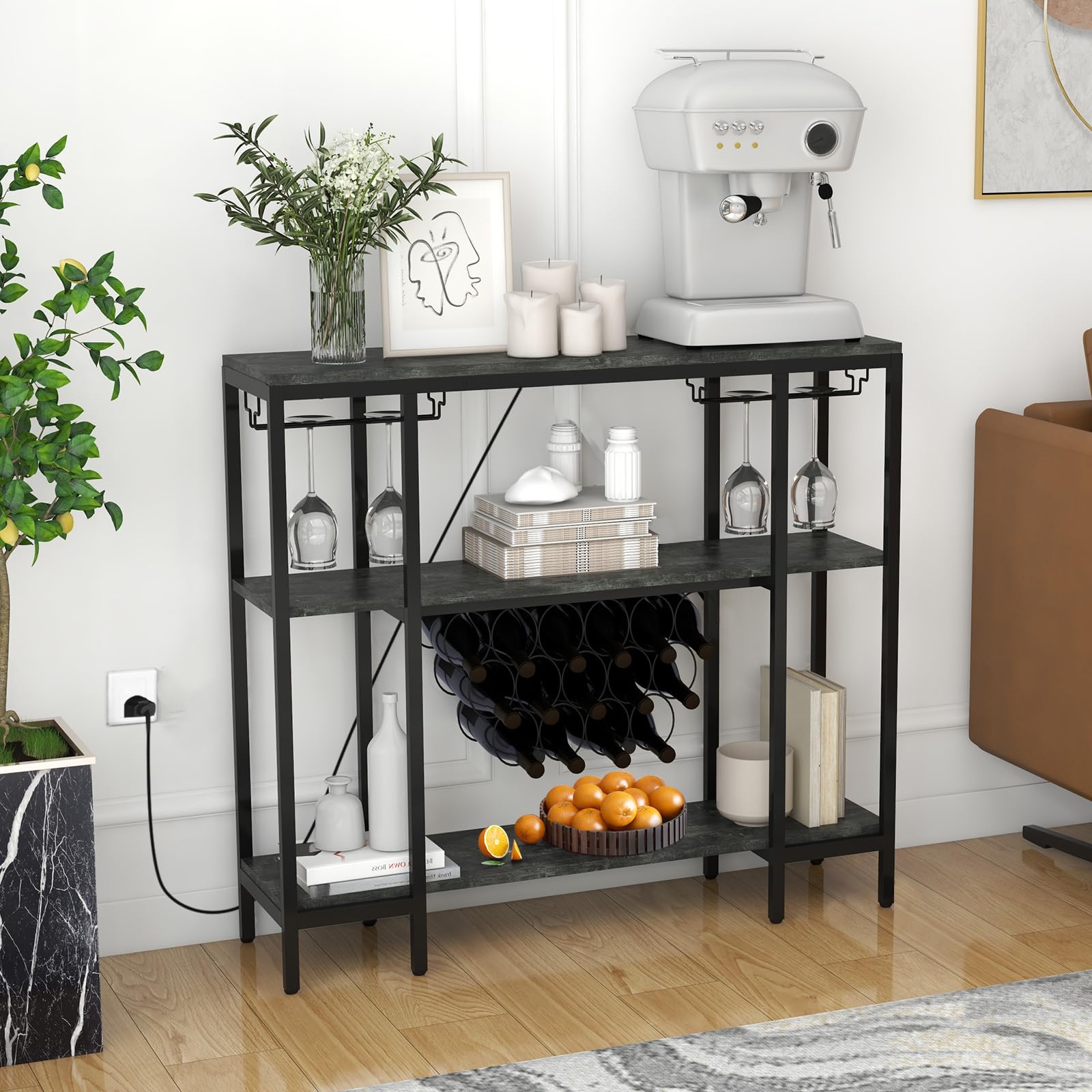 GYMAX Mobile Portabottiglie di Vino a 3 Livelli con Prese, Tavolo da Bar per Liquori con Porta Calici, Struttura in Metallo, Tavolo Console per Soggiorno, Cucina e Sala da Pranzo (GRIGIO SCURO)