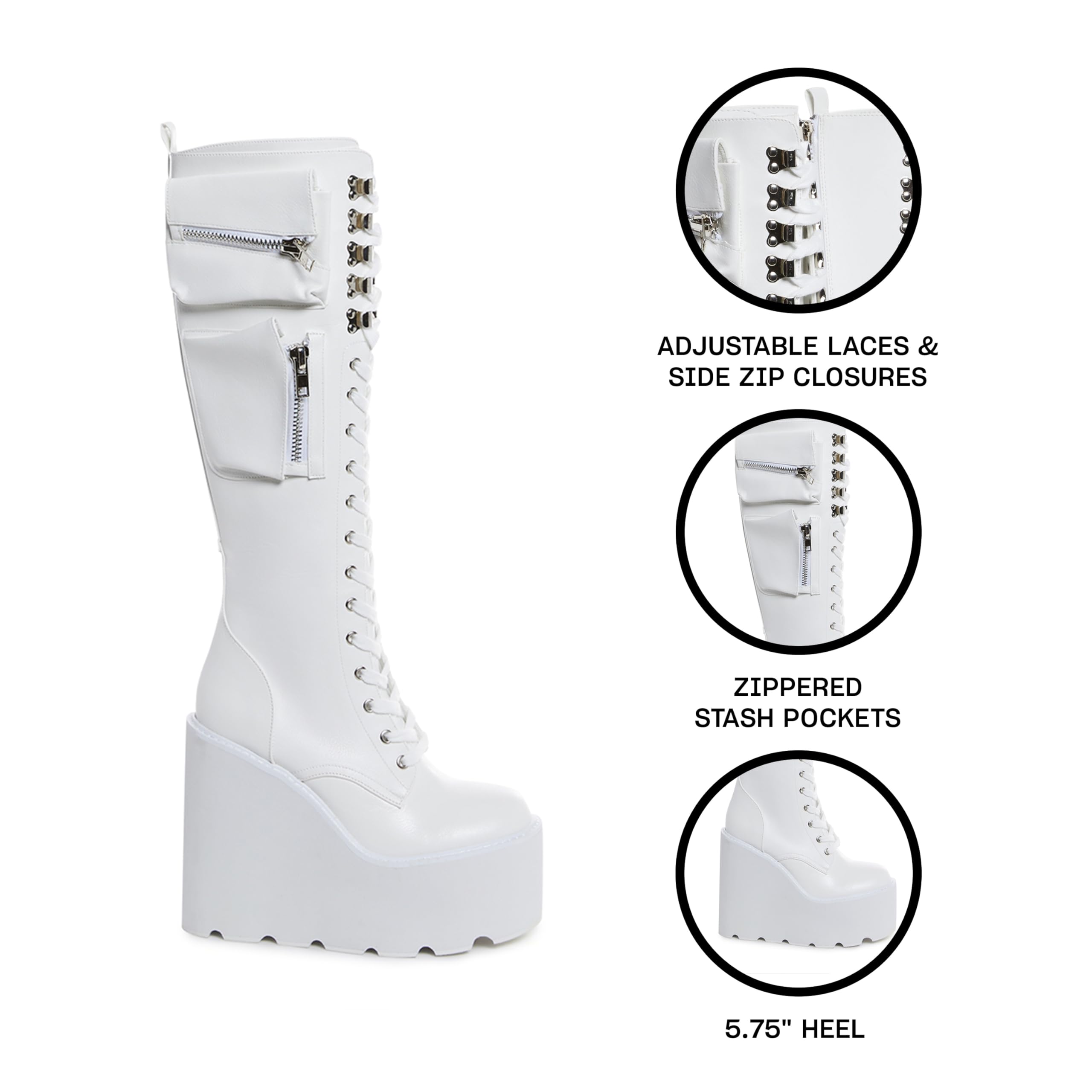 Dolls Kill Obsidian Pocket Platform Boots by Current Mood – Vegan Leather Knee High Boots for Grunge Fashion: 9 White