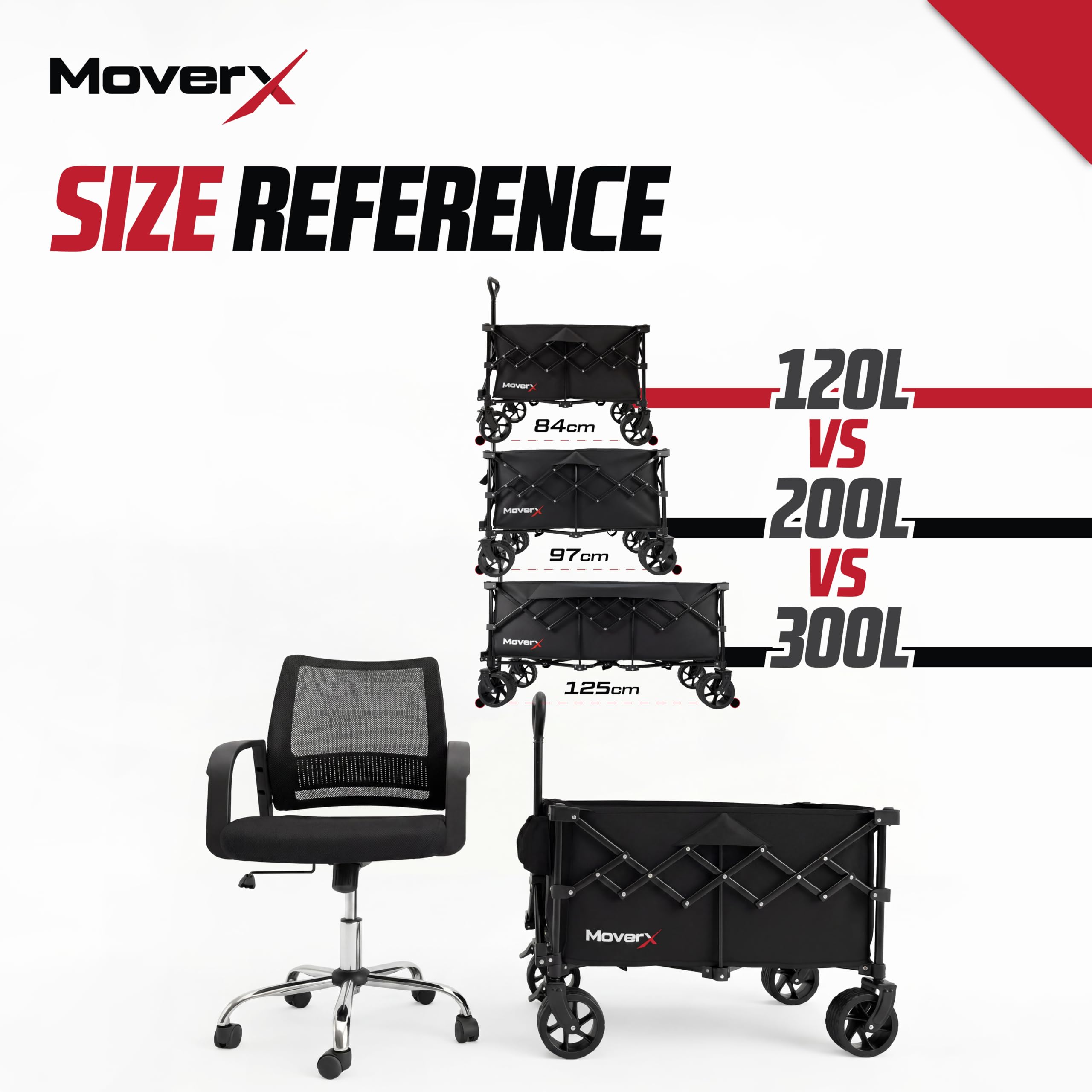 MoverX Carrito de festival de 120 litros, plegable, para camping, playa, al aire libre, jardín, picnic, compras, pesca, ruedas anchas, mango