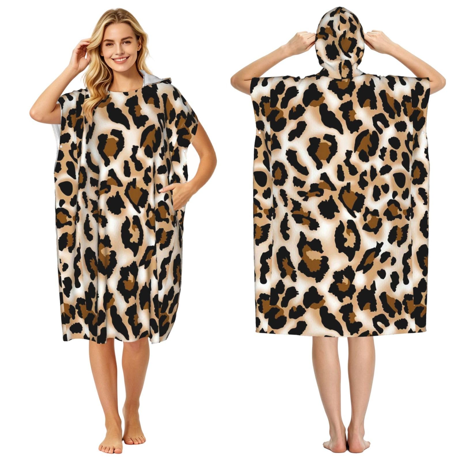 Poadnly Leopard Cheetah Leopard Love, Adult Hooded Beach Towel 90 x 110 cm,Changing Bath Robe, Surf Poncho Towel For Women Men