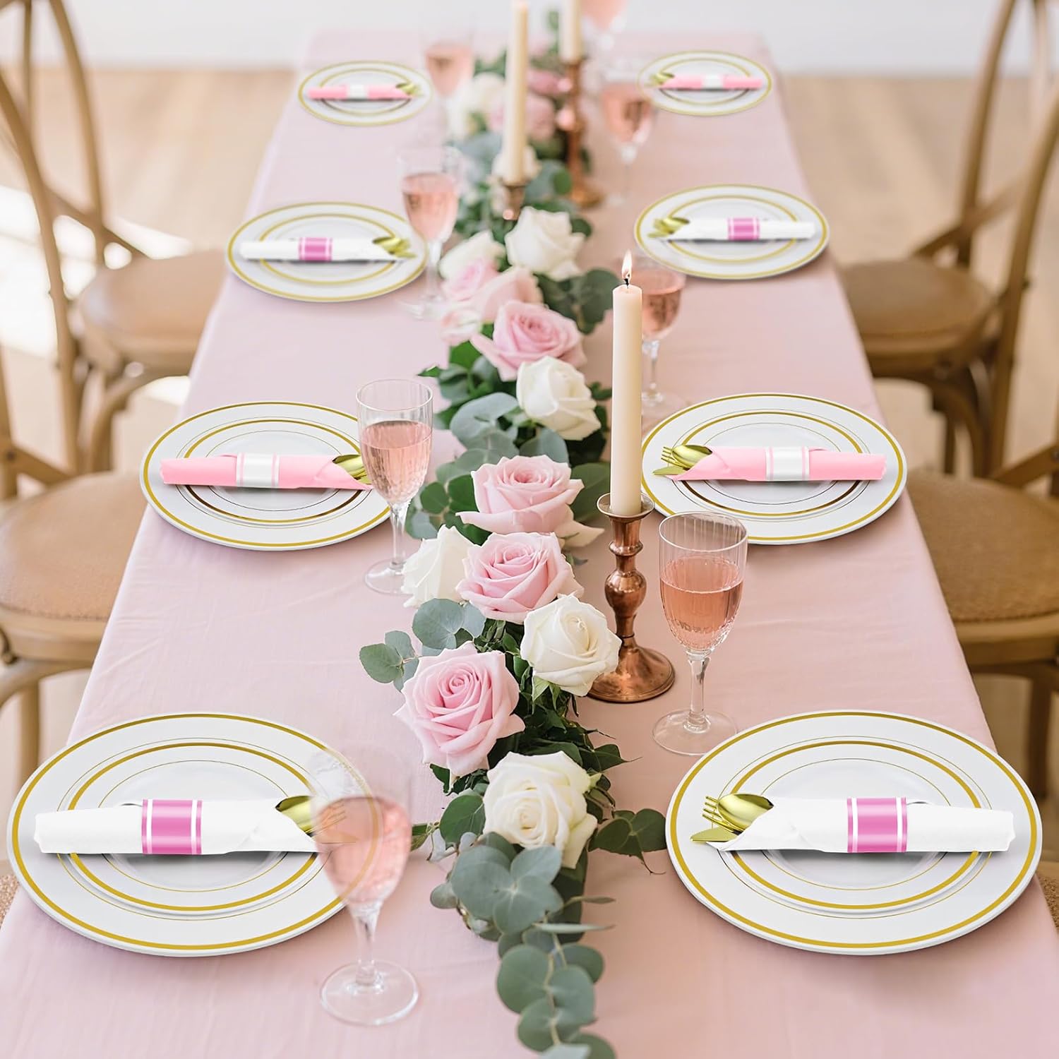 100 Packs Pre-Rolled Pink White Gold Plastic Silverware Sets - Disposable Wrapped Plastic Cutlery Set with 100 Napkins, 100 Knives, 100 Forks and 100 Spoons for Wedding Birthday Party Dinner