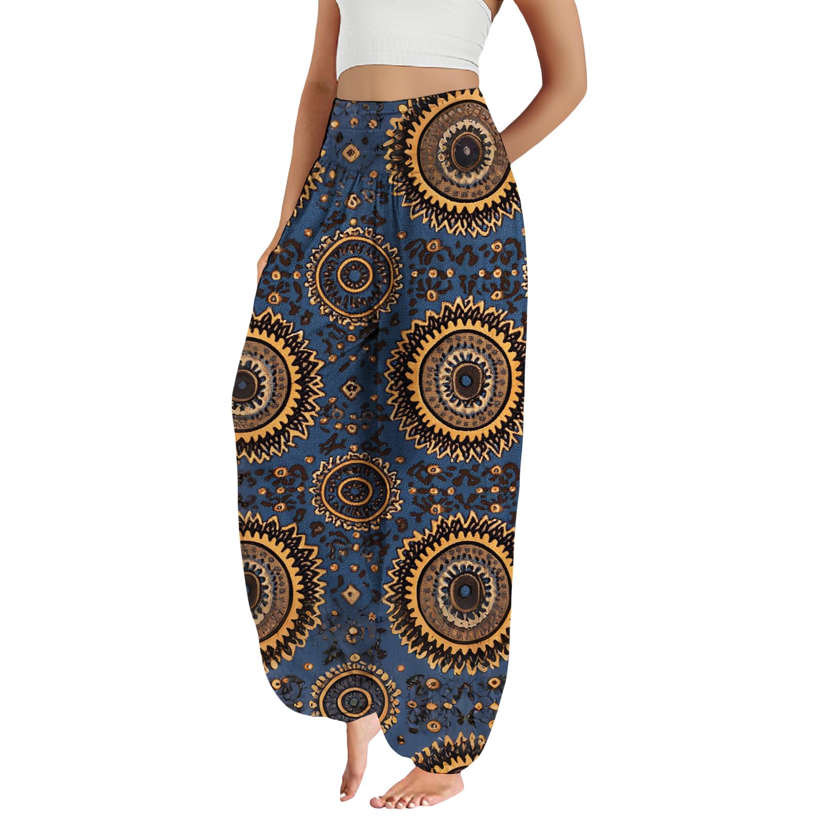 Boho Harem Pants Women Ethnicity Printed Wide Leg Trousers Hippie High Waist Plus Size Pant Flowy Baggy Yoga