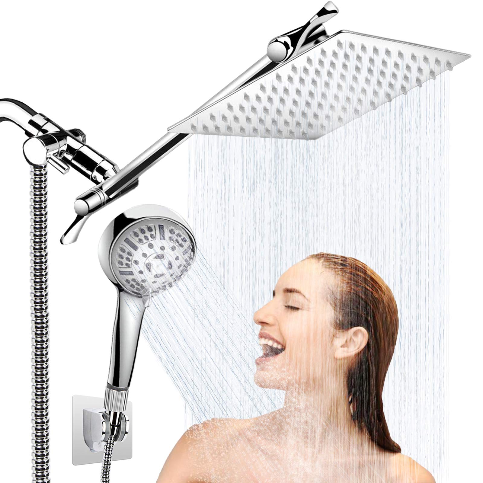 AULETIN Shower Head with Handheld-8'' Rain Shower Head High Pressure and 9 Setting SPA Spray showerhead, Stainless Steel Square Rainfall Shower Head with Holder, 11'' Extension Arm, 60'' Shower Hose