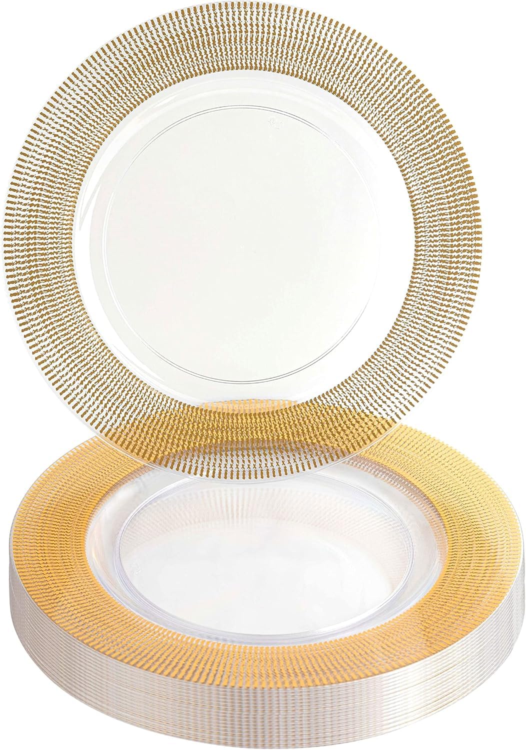 PARTY BARGAINS 13-Inch Charger Plates - 16 Pack, Clear Gold Textured Rim, Heavy-Duty Disposable Chargers for Elegant Dining - Ideal for Weddings and
