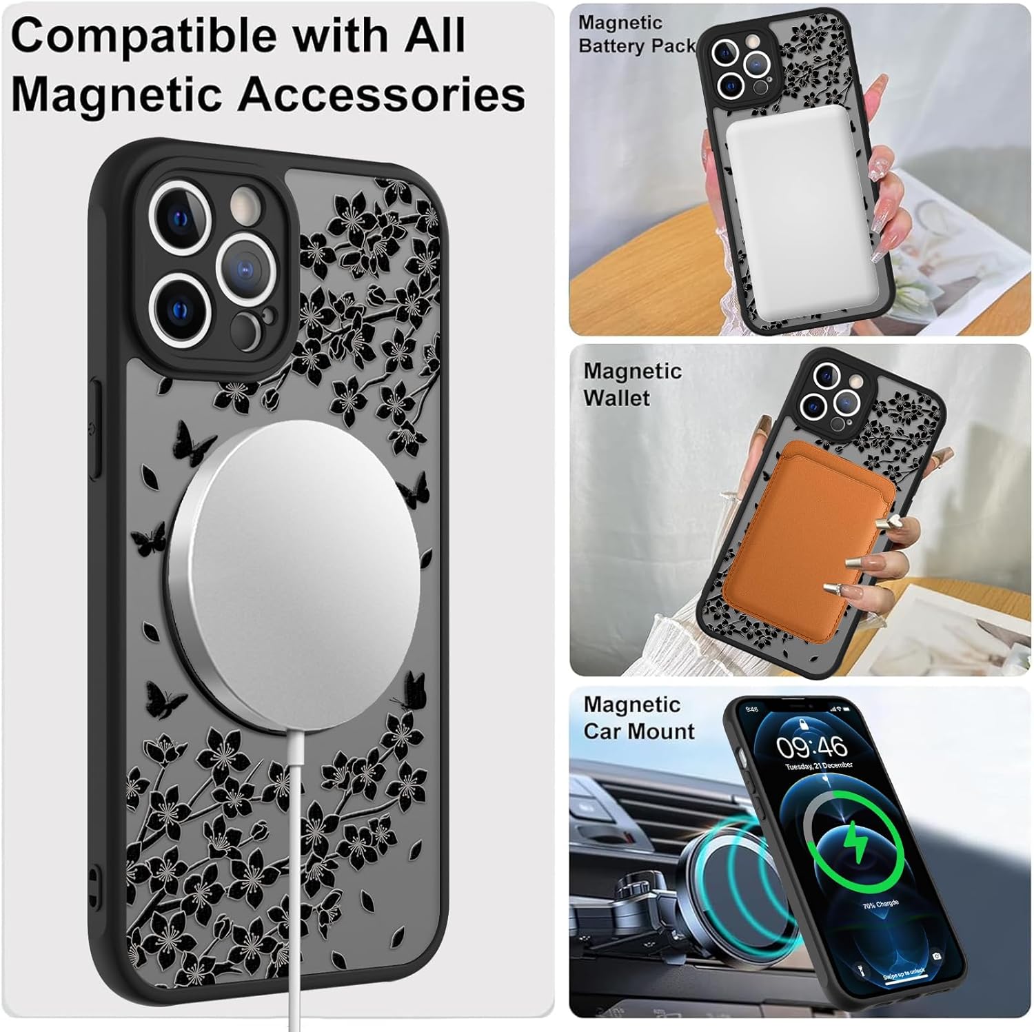 Cute Case for iPhone 12 Pro Max Case with Stand [ Compatible with MagSafe ] Kawaii Black Cat & Floral & Butterflies Pattern Design 360 Magnetic Ring Kickstand Phone Cover for Women Girls Boys