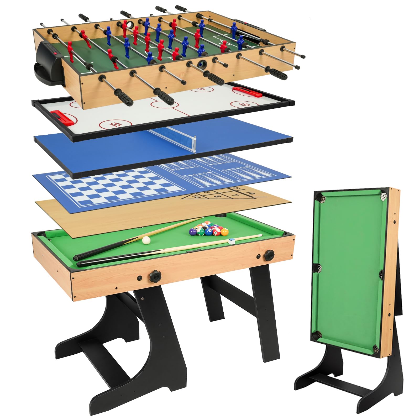 Mesa de juego múltiple 10 en 1, futbolín plegable 1,2 m, billar, tenis de mesa, hockey, shuffleboard, bolos, ajedrez, damas, backgammon, póquer