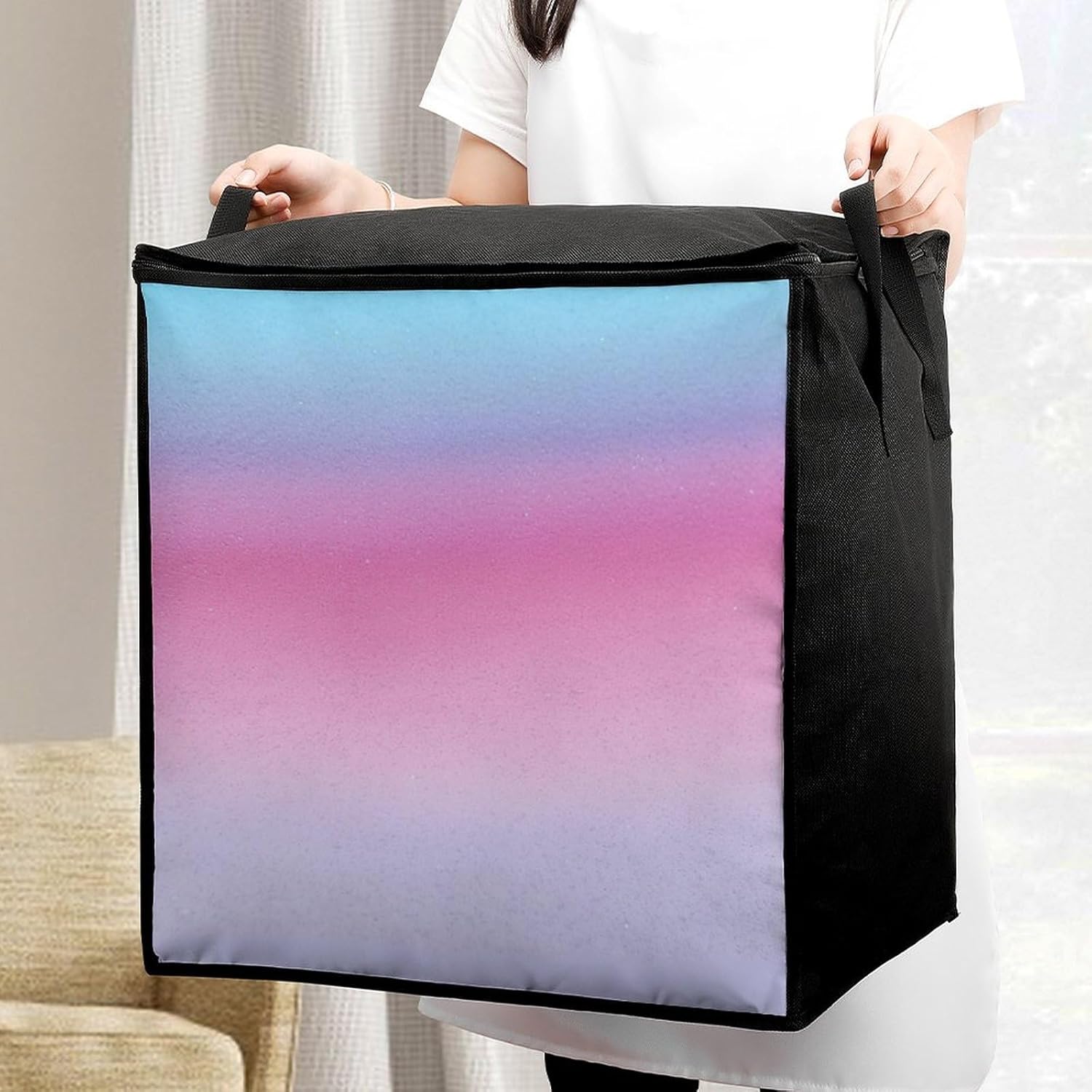 Quilt Storage Bag,Purple Pastel Colors Printed Large Foldable Storage Container Portable Travel Storage Bag for Blankets, Quilts, Clothes, Comforter, Bedding And Pillows