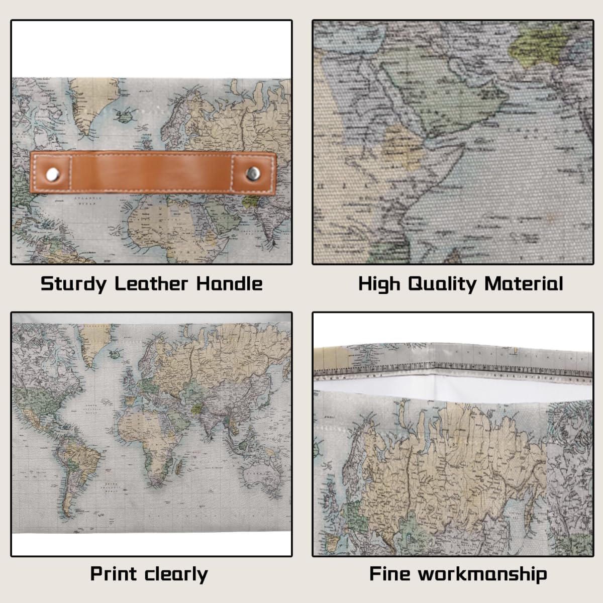 Vintage World Map Storage Basket Collapsible Laundry Organizer with Leather Handles Retro Map Print Rectangular Storage Box Bin 1 PC for Bathroom Clothes Kids Toys Nursery