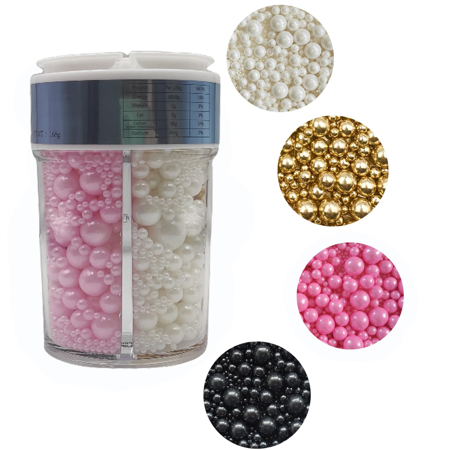 Edible 4 in1 Pearls Sugar Sprinkles 6 oz, Mix size Candy Pearl for Cake Decorating and Cupcake Toppers Cookie Decorations Ice Cream Topping Wedding Halloween Christmas(White,Black,Gold,Pink)