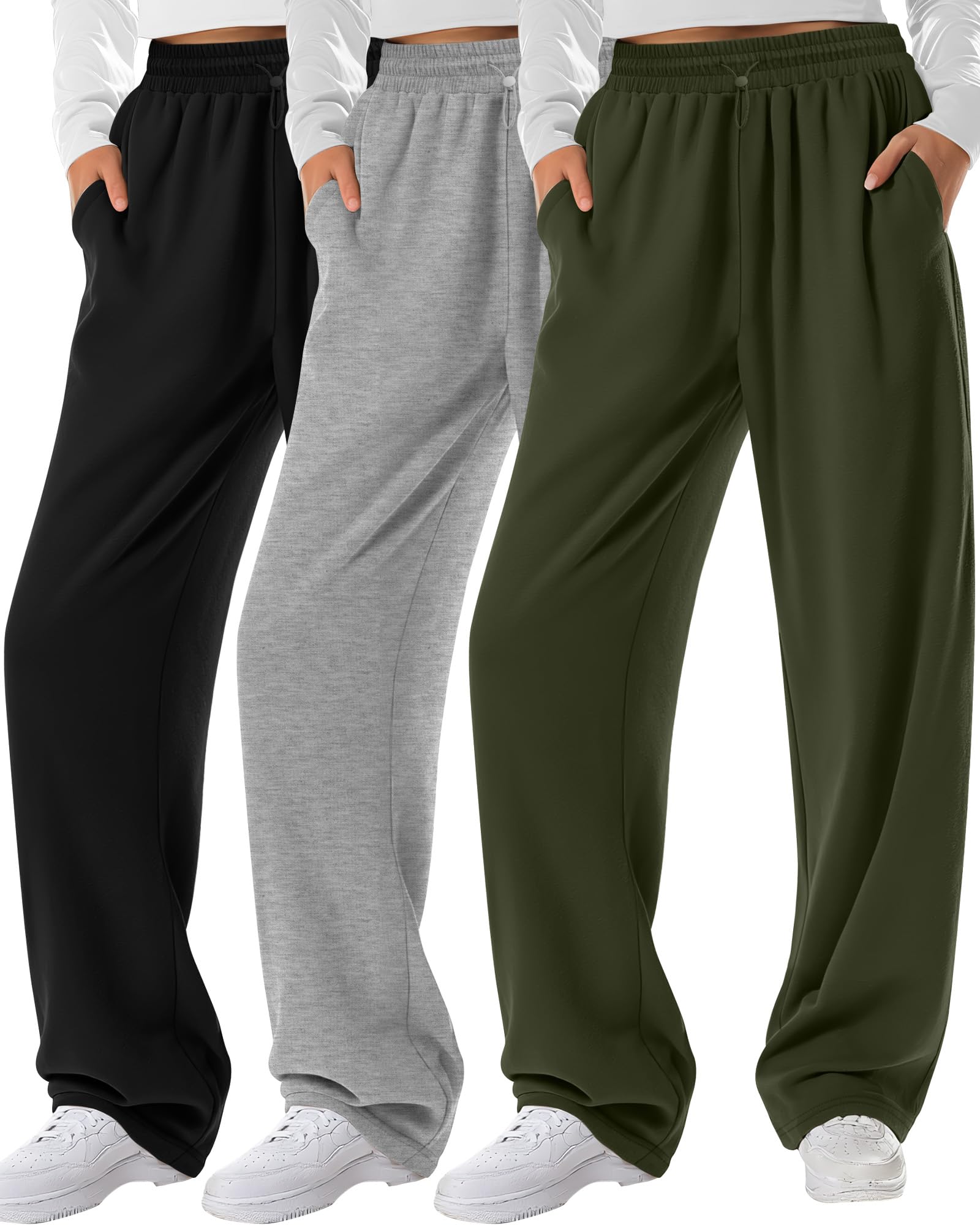 Neer Lot de 3 pantalons de survêtement à jambes larges pour femme, taille haute, élastique, baggy long, décontracté, yoga, jogging avec poches