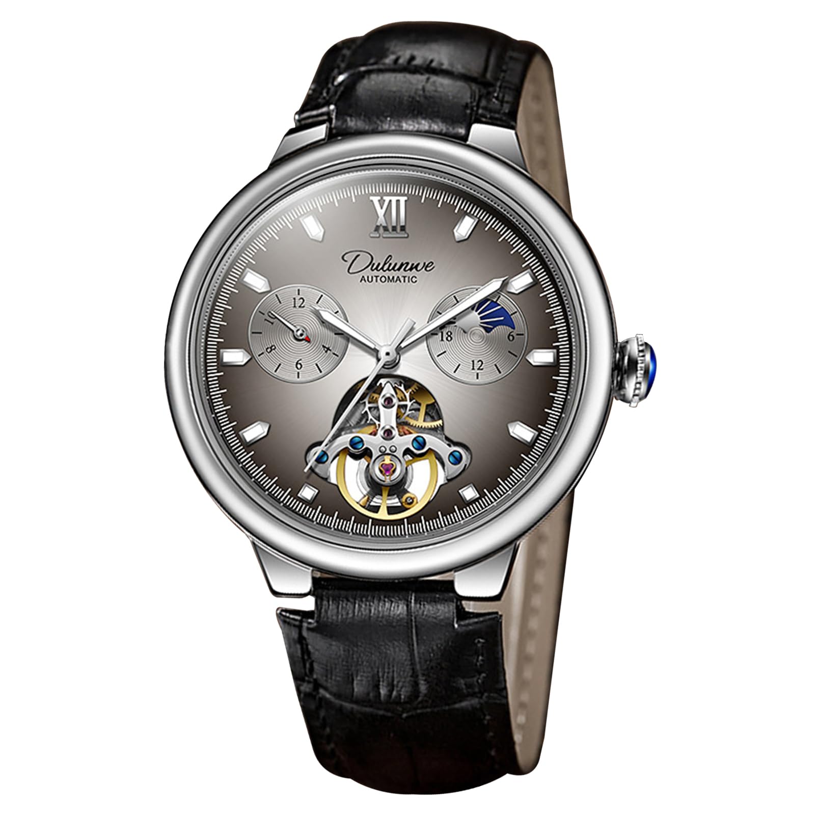 Herren-Armbanduhr, mechanisch, Handaufzug, Lederarmband, Mondphase, Tourbillon, großes Zifferblatt, Business-Automatikuhren, leuchtend