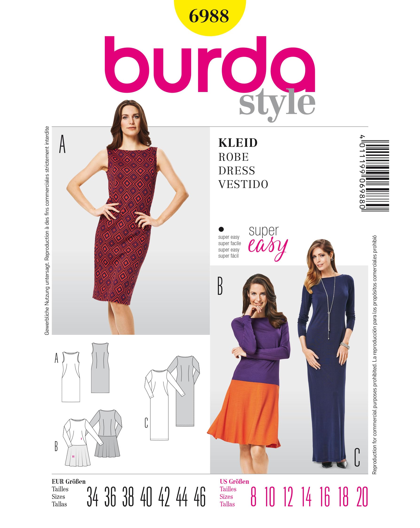 Burda B6988 Patron de Couture Robe 19 x 13 cm, 34-​46
