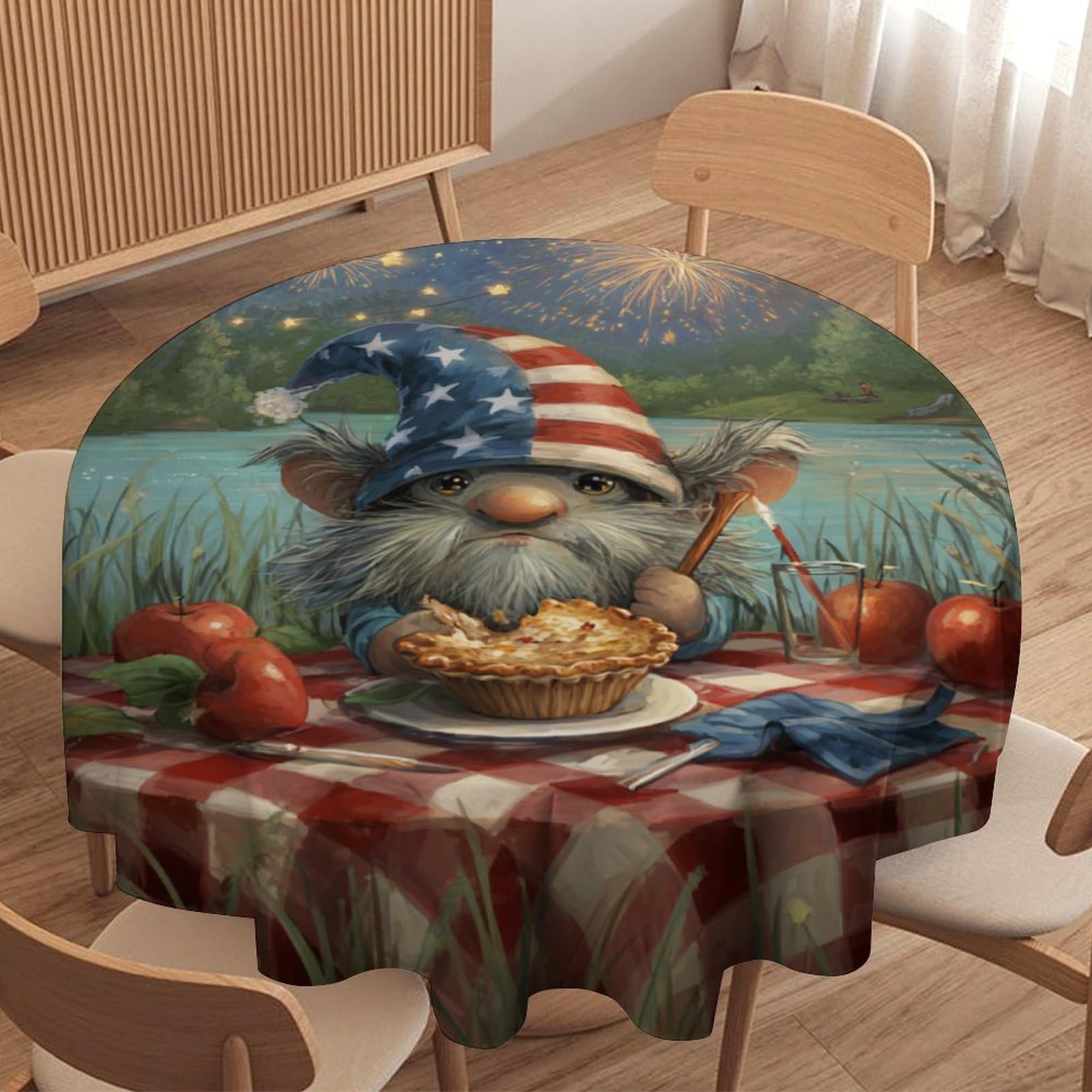 LUYYSKY Classic Anime Cute Gnome Waterproof Round Tablecloth Retro Watercolor Patriotic American Flag Pattern Washable Table Cover for Kitchen-91.4" Wx91.4 L cm