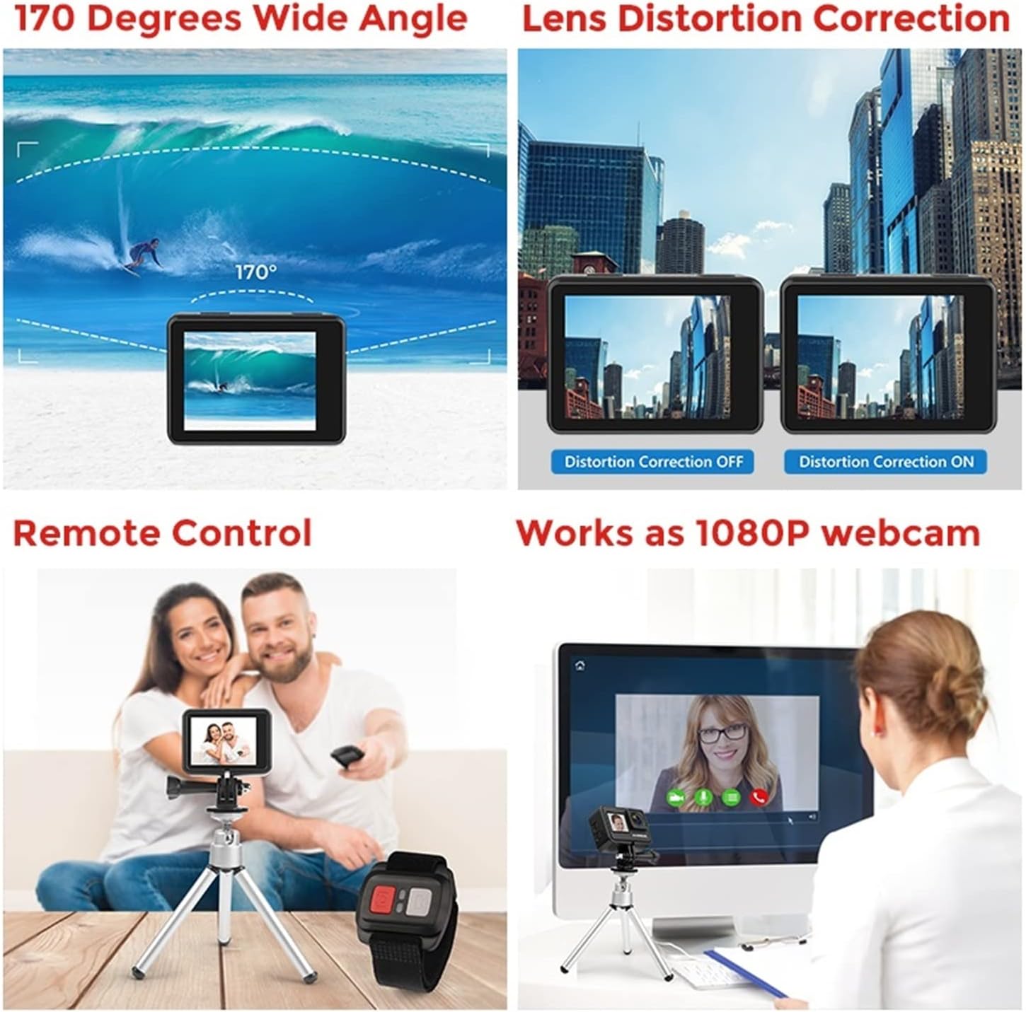 Collage showing 170-degree wide angle, lens distortion correction, remote control, and webfonction came