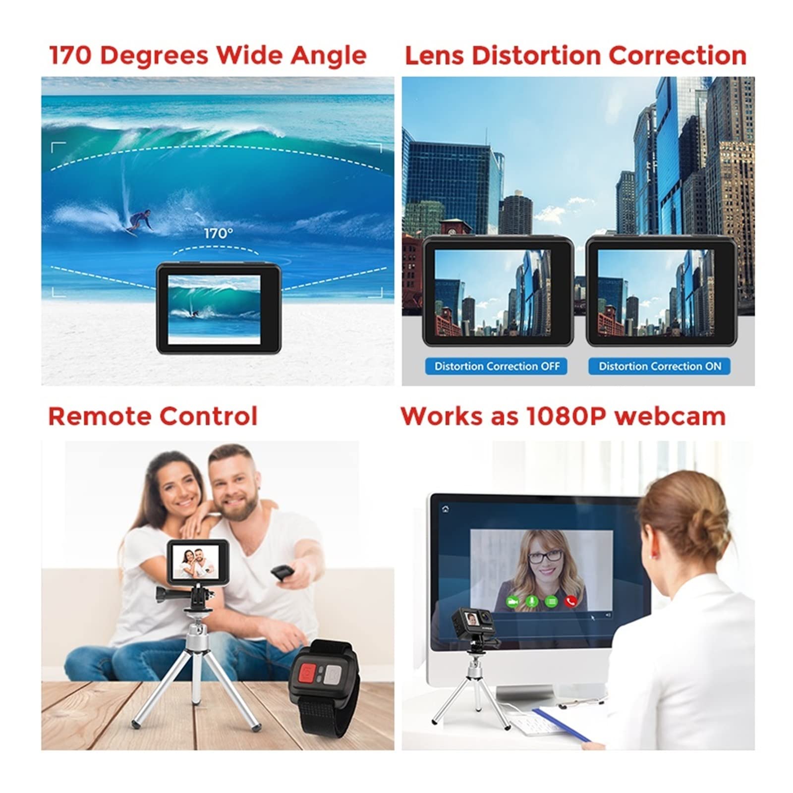 Action Cam, A10 Action Camera 4k EIS Ultra HD 20MP 170D Subacquea Impermeabile Cam Touch Screen 4X Zoom Video Go Sport PRO Cam,All'aperto, Sport, Video(4,Cam And Mic)