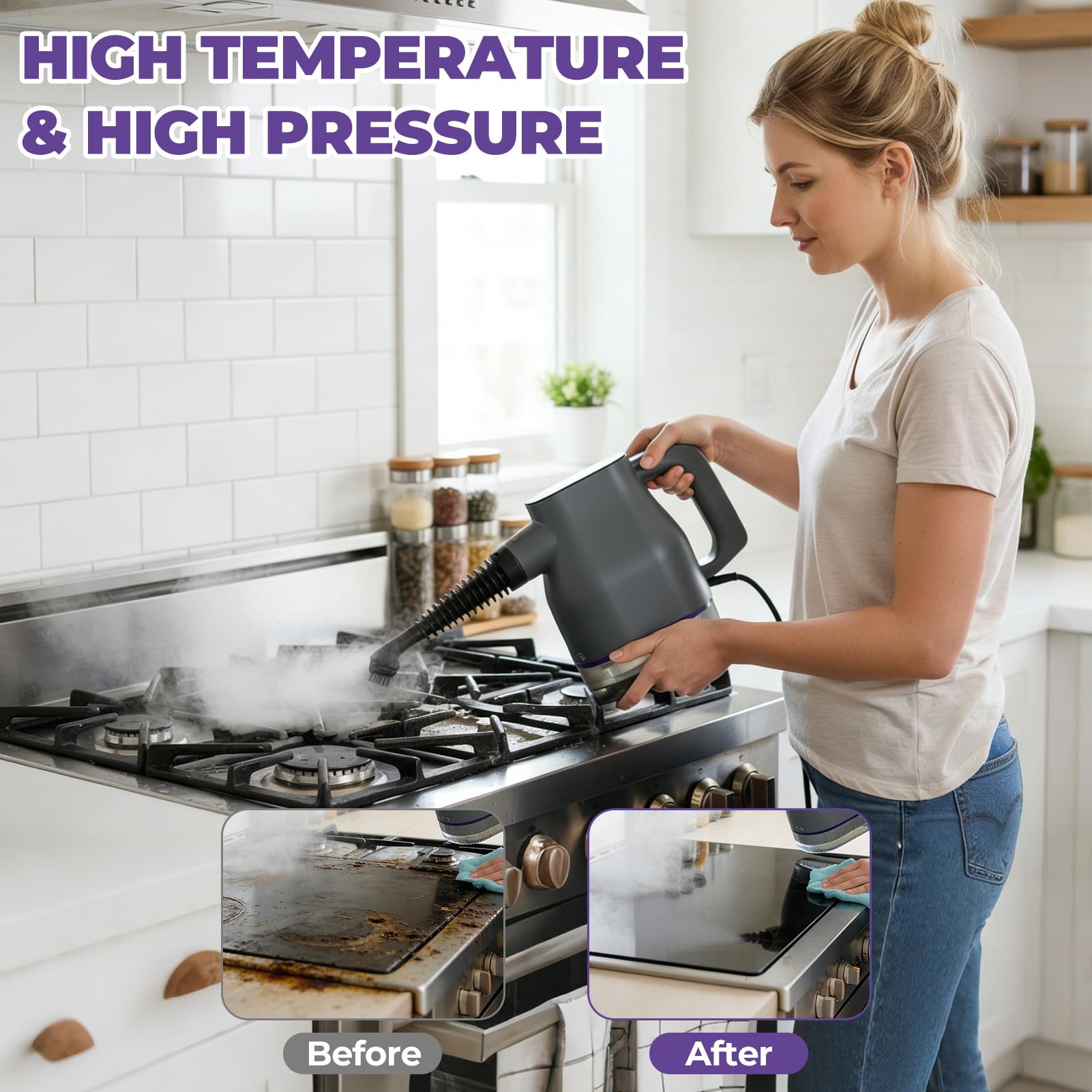 1350W Vaporeta Limpieza Hogar con 400ml, 3 Bar Calentar Rápidamente a 130°C en 15s Limpiador a Vapor Portátil, Cierre de Seguridad y 9 Accesorios Limpiador a Vapor de Mano para Cocina Ventanas Suelos
