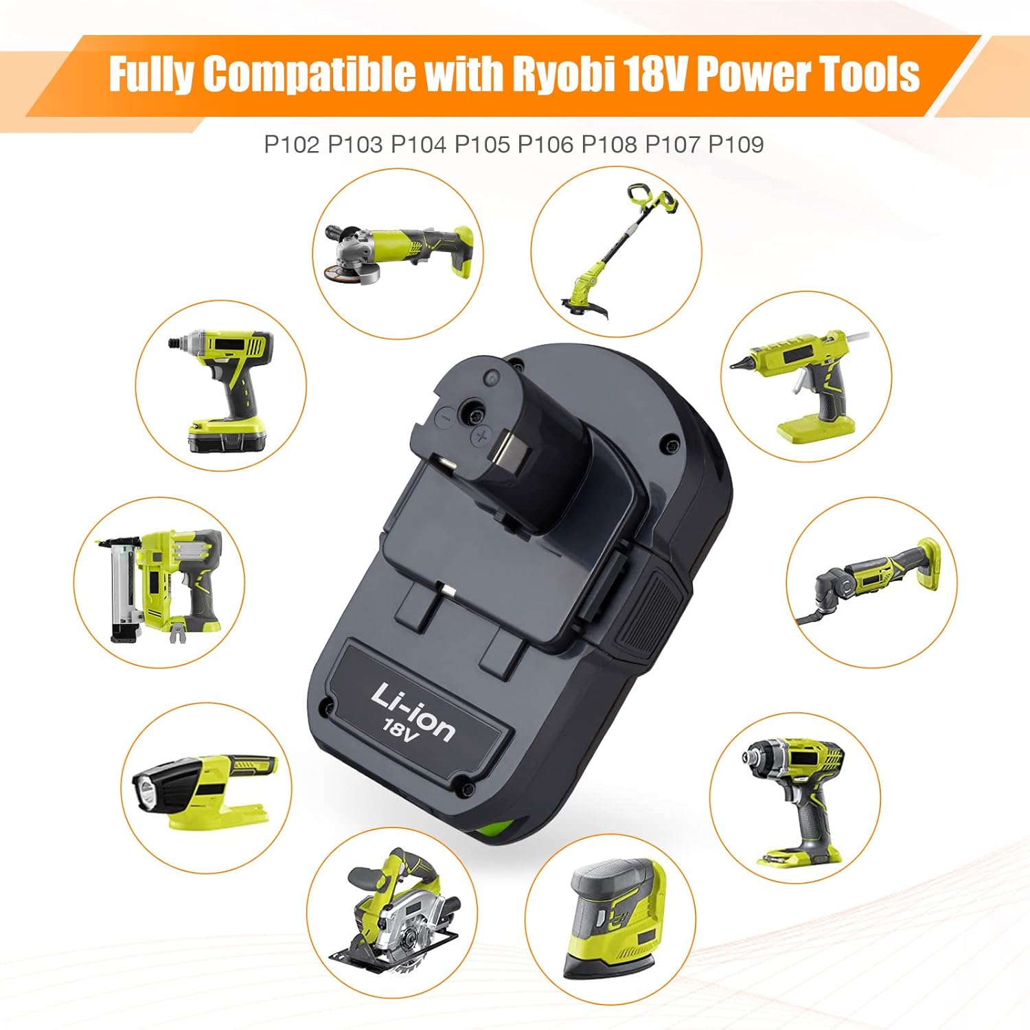 A LORDONE P108 battery surrounded by various compatible Ryobi 18V power tools such as drills, grinders, and saws.