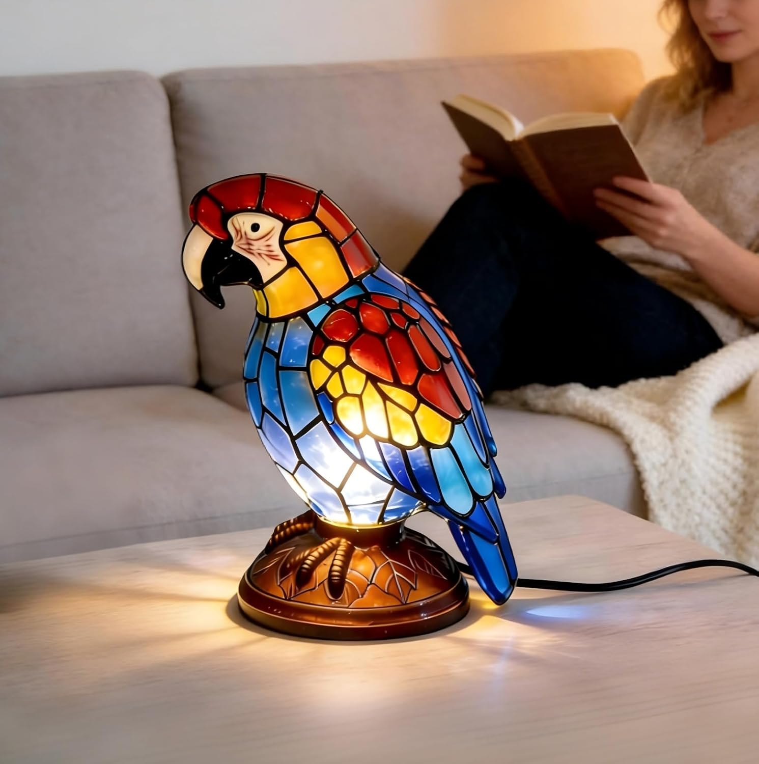 Eastyle Colorful Parrot Night Light - Handmade Stained Glass Bird Desk Lamp | Plug-in Bedside Decor for Women Mom & Home Decoration (Colorful Bird Big Size)