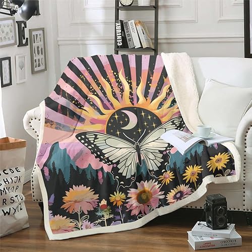 Miniatura 18 de Manta de vellón Kawaii Mushroom Boho – Hippie Groovy Floral Sherpa Queen – 60s 70s Retro Vintage Theme Throw – Chic Daisy Flower Plush Geometric