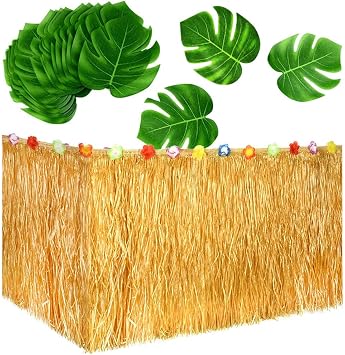 Jackcell Luau Grass Table Skirt 9ft for Hawaiian Party, Moana Theme Tropical Birthday Party Babyshower Decorations Supplies,Drop Artificial Table Skirt with 12 pcs Palm Leaves Grass Yellow