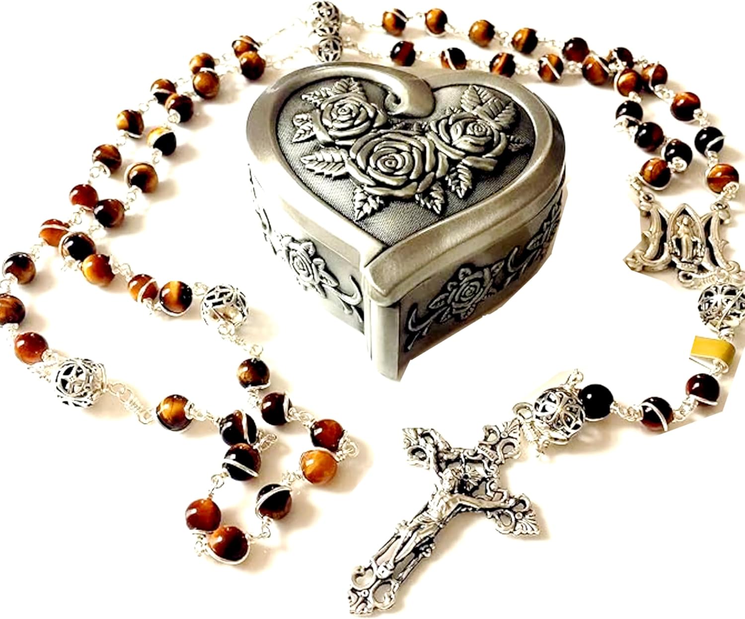 elegantmedical HANDMADE Bali 925 Sterling Silver Beads & Tiger Eye Rosary Cross catholic necklace Box GIFT