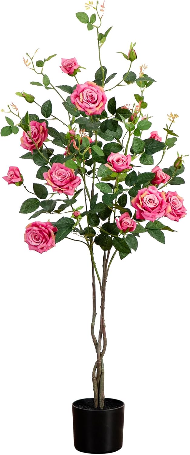 Nearly Natural 4ft Pink Rose Artificial Tree - Silk Flowering Faux Plant with Bendable Branches, Detailed Petals, and Nursery Planter