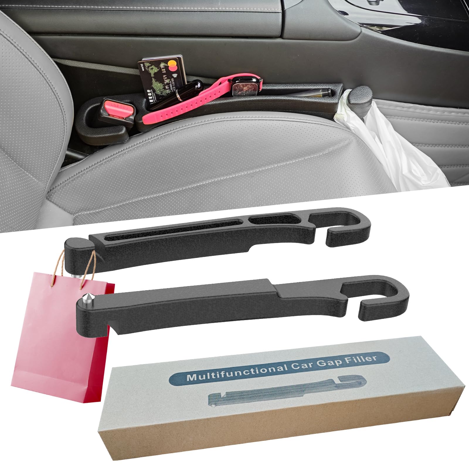 Car Seat Gap Filler 2 Pack with Organizer Hook Function &amp; Car Glass Breake