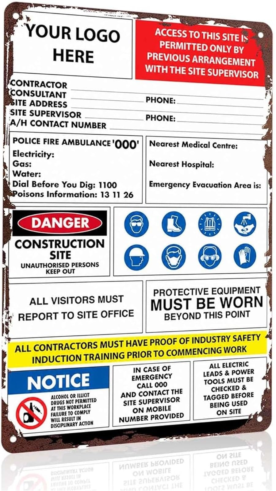 MQXFCZUX Construction Warning Funny Sign Vintage Metal Tin Sign for Workshop Garage Factory Warehouse Decor 8 X 12 in