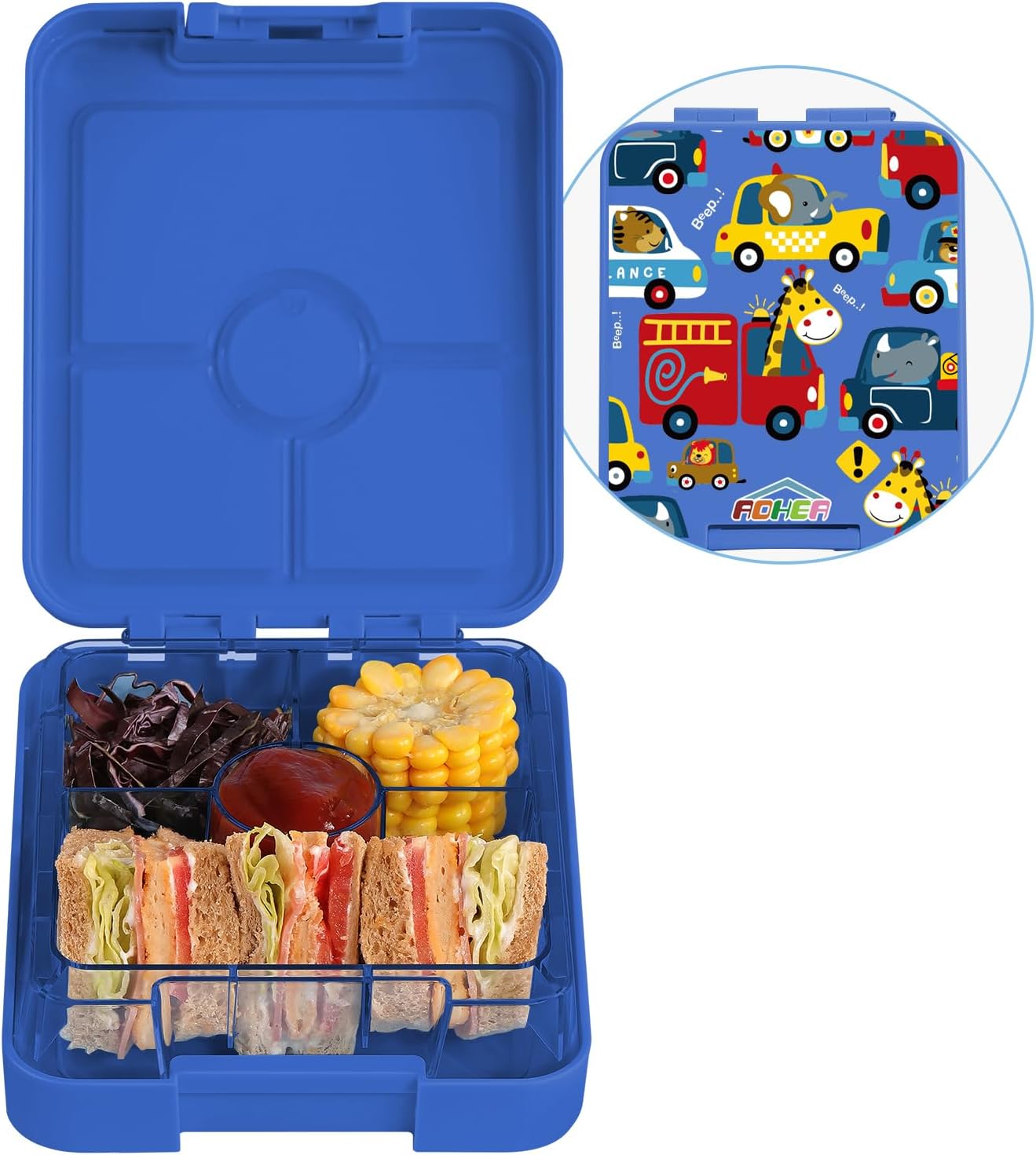 AOHEAKids Bento Boxes Lunch Box for School, Leak-Proof Small Bento Box 4 Compartment Toddler Lunch Container for Daycare, Ideal Portions Size for Ages 3 to 7, BPA-Free&Dishwasher Safe(Car)