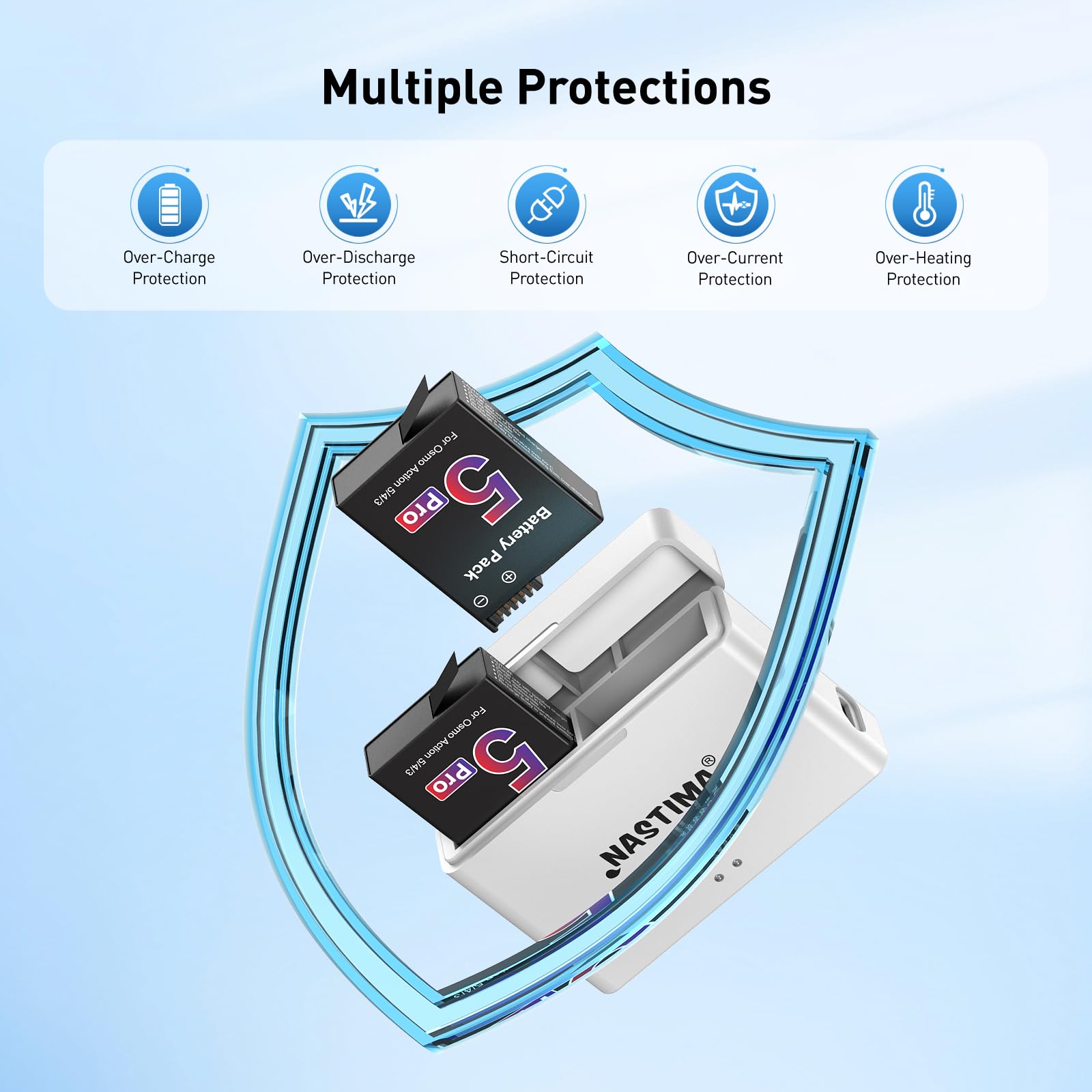 NASTIMA 2100mAh Batería 2-Unidades para dji Osmo Action 5 Pro/4/3, USB Dual | Li-ion Batería de Reemplazo, Carcasa de carga rápida PD, Cable de carga USB-C de dos canales, BMS integrado, larga vida útil