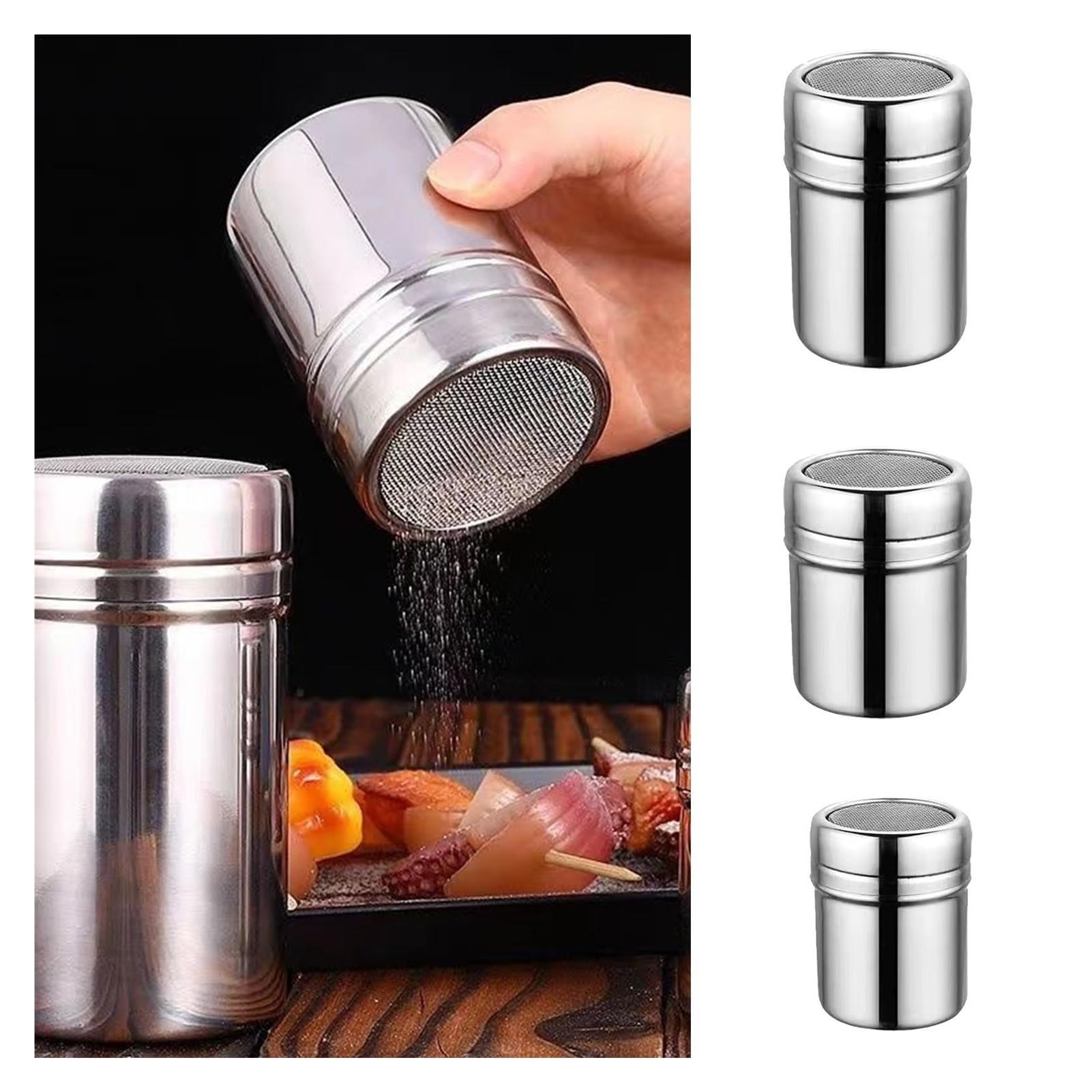 4 aspersores de Acero Inoxidable para Casa | Herramienta agitadora de harina de chocolate, azúcar glas en polvo, cacao(L)