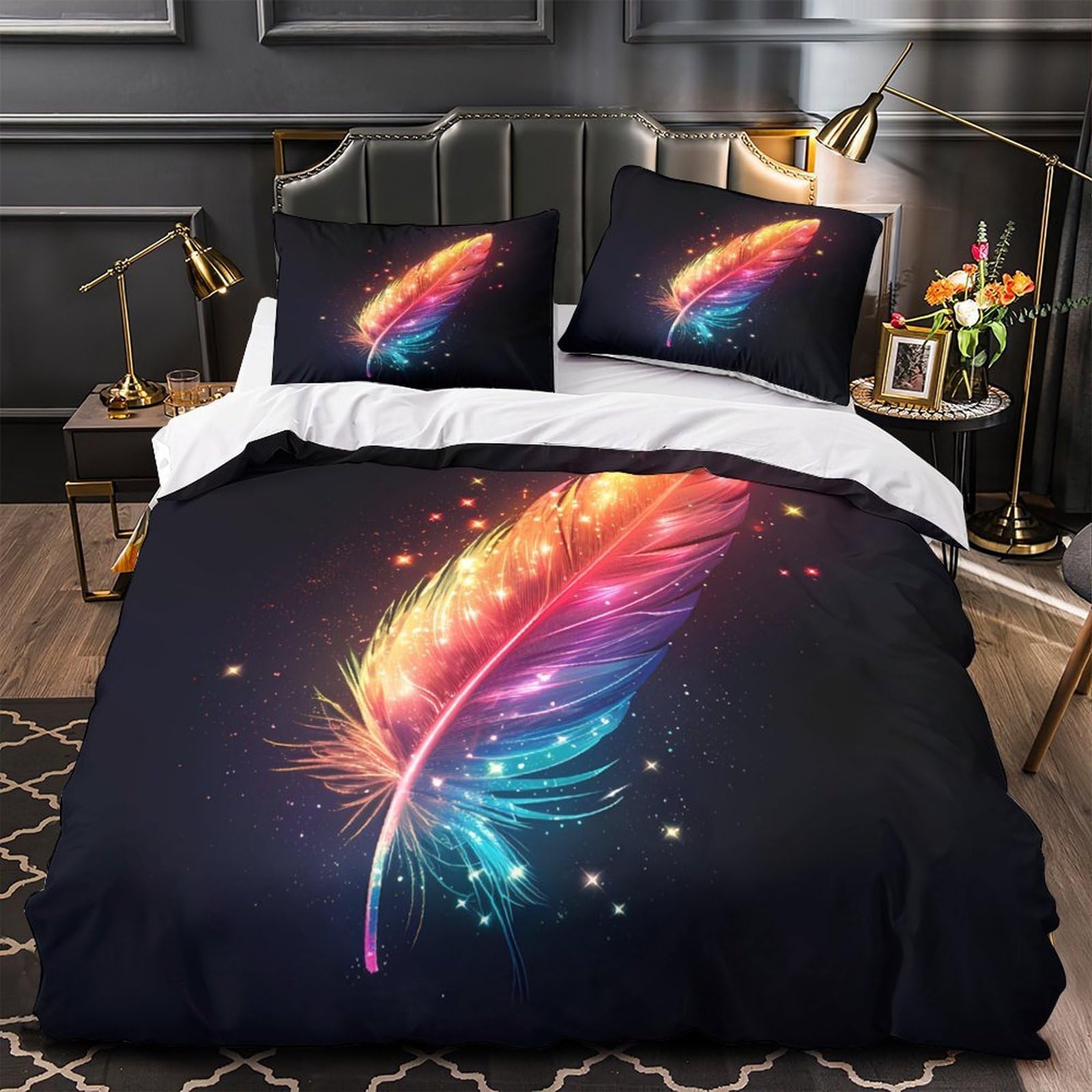 Housse de Couette 140x200 Plume Arc-en-Ciel 3D en Microfibre Douce pour Lit Simple