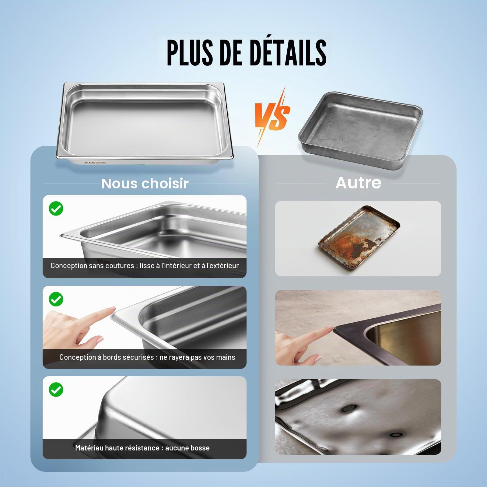 VEVOR Bac Gastronorme GN 1/1 Lot de 6, Récipient Inox pour Bain-marie 0,8 mm d'Épaisseur, Bac Inox Alimentaire 6,7 cm Profondeur, pour Fours à Convection, Réfrigérateurs, Stockage, Restauration