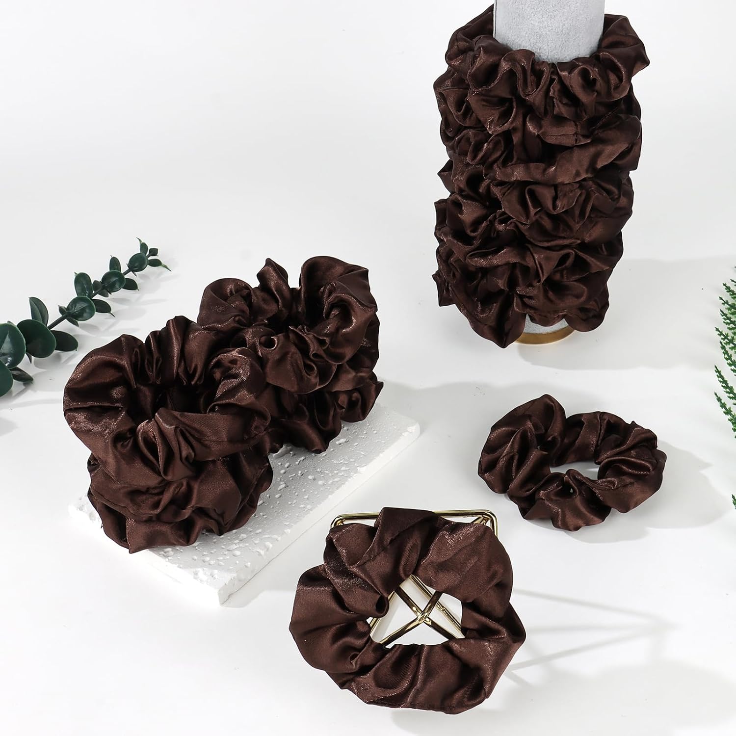 16 Pcs Brown Satin Scrunchies Bridesmaid Proposal Gifts Hair Ties Scrunchies for Women Girls Bachelorette Party Favors (dark brown) image 3